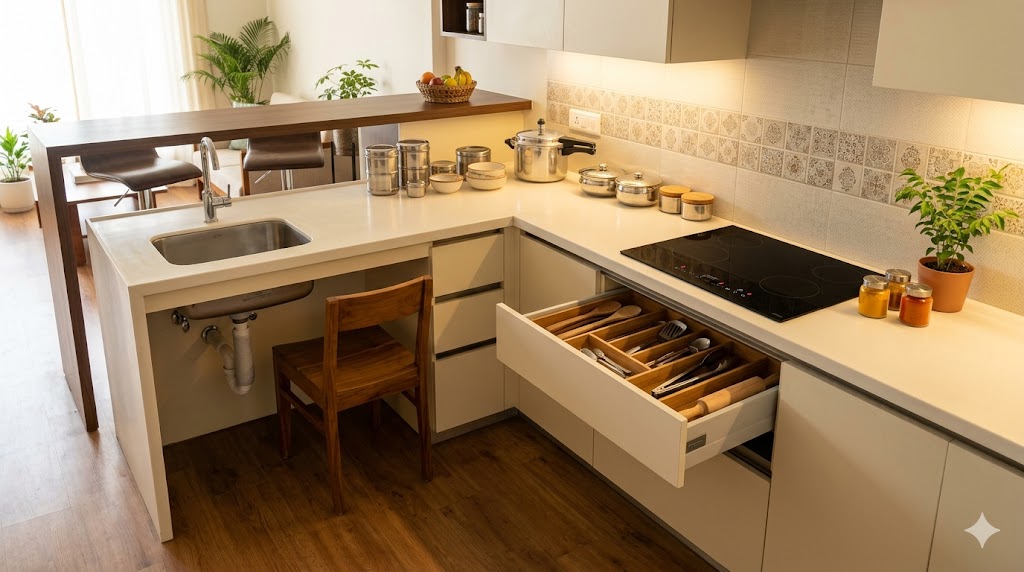 Universal-design kitchen — adjustable-height counter section with knee space, full-extension drawer pull-outs, lever taps, contrast edges