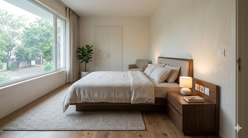Universal-design bedroom — generous bed-side clear floor for wheelchair transfer, accessible bedside controls, rocker-style light switch at door, warm task light