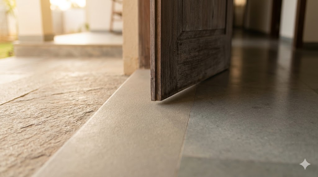 Universal-design entrance — level threshold, lever-handle door, full clear width, weather-protected approach without steps