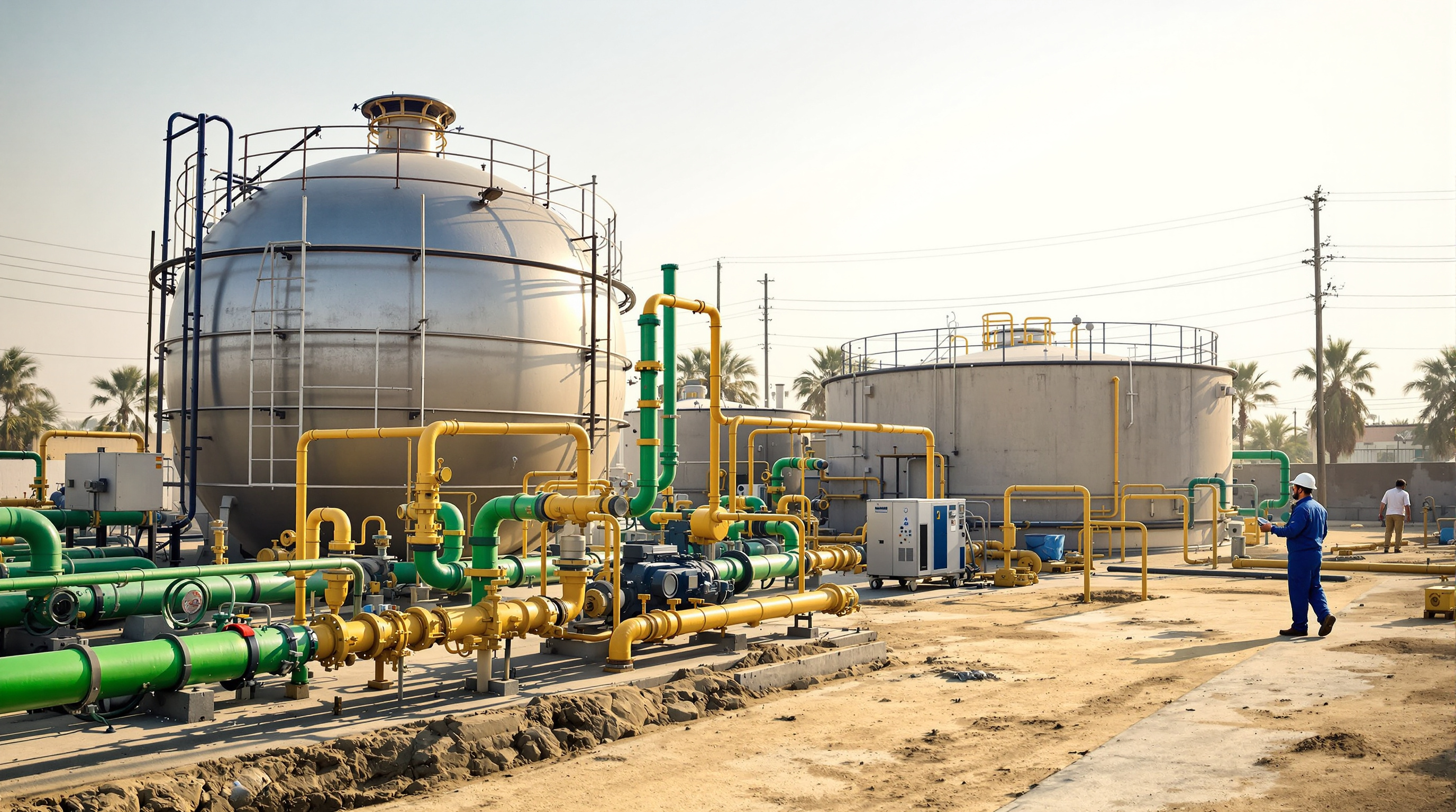 Spherical biogas holder and gas pipework at an Indian municipal sewage treatment plant, capturing methane from the anaerobic reactor