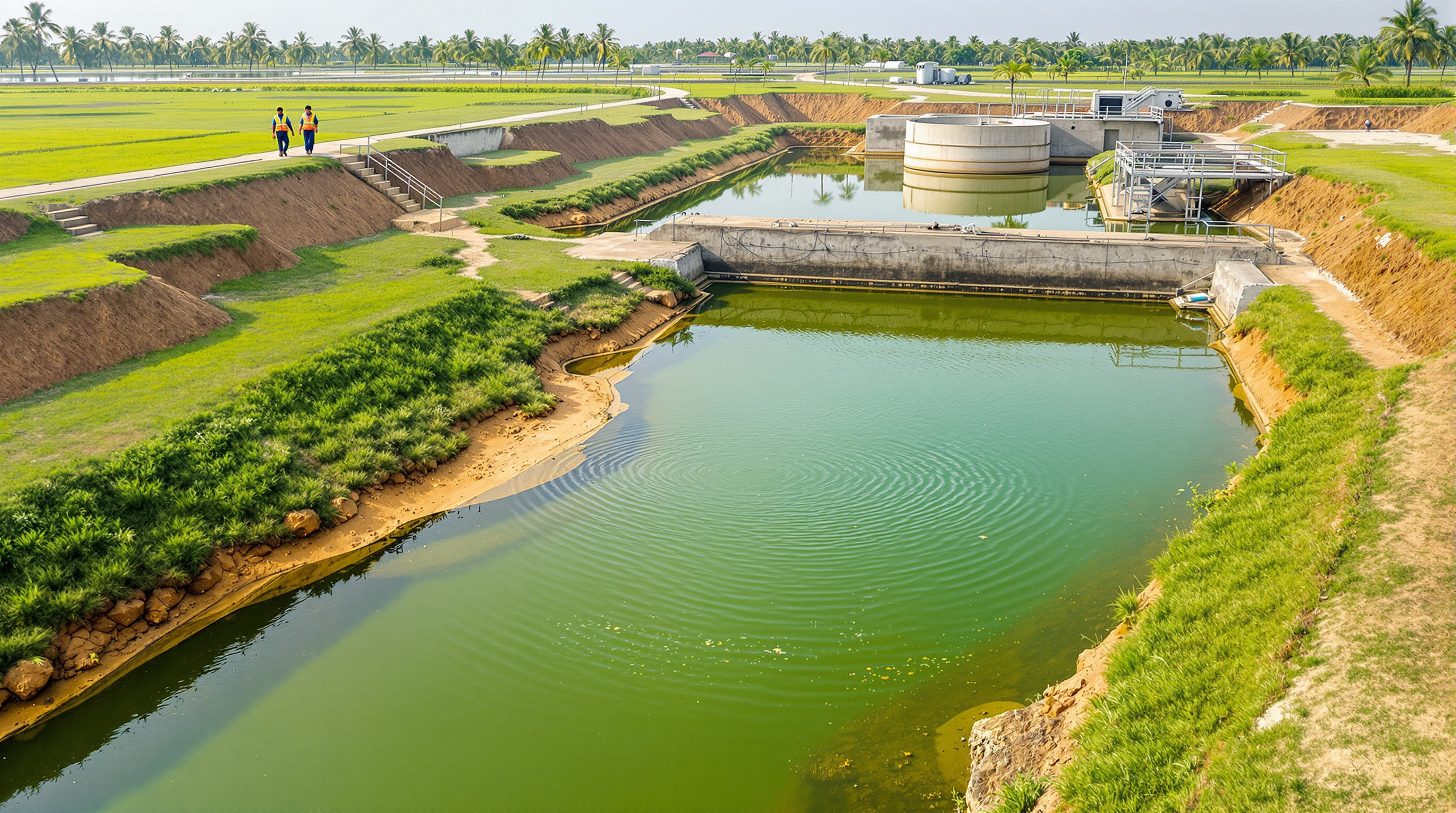 Open aerobic polishing pond downstream of a UASB reactor at an Indian sewage plant, with calm green water and embankments