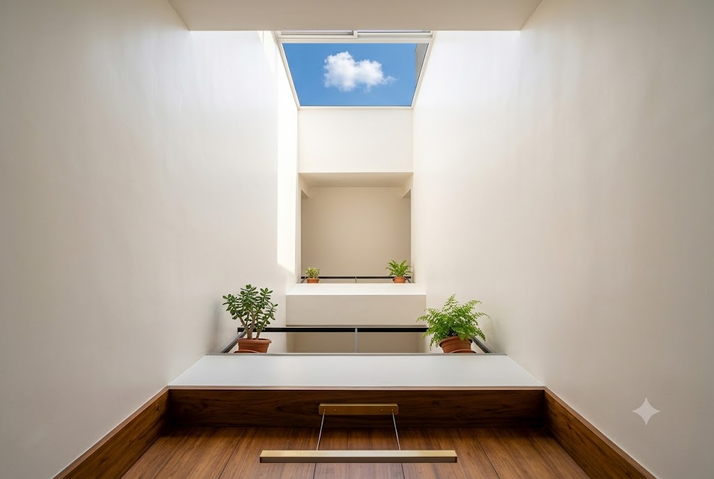 Interior photograph looking straight up through a brahmasthan light-well of an urban Indian G plus two home from the ground-floor living room toward the operable skylight at the terrace level above — the sixty by eighty centimetre vertical void rises through all three floors with thin steel-frame railings visible at each floor edge holding small potted plants a small jade plant on the first-floor edge a fern on the second floor and the skylight at the top showing a small patch of blue sky and a single white cloud, warm late-morning daylight cascading down through the void illuminating the white plastered side walls, the bottom edge of the frame shows the corner of a Burma teak floor and a single linear brass pendant light just inside the foreground