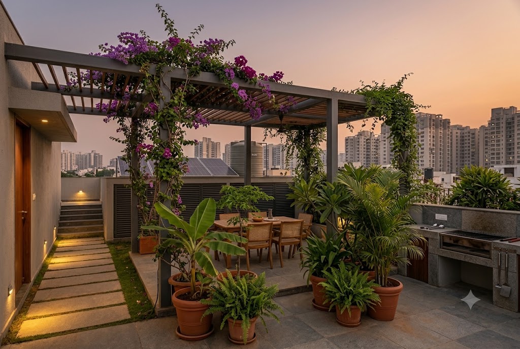 Wide-angle ground-level photograph of a rooftop garden of an urban Indian G plus two home in the warm evening hour showing a steel-and-teak pergola with creeping bougainvillea covering the upper trellis, two clusters of large terracotta container plants including a banana plant a rain tree sapling three fern pots and an areca palm, a low teak dining table for six with simple cane chairs in the central pergola area, a stone-tiled BBQ counter on the right side with a small charcoal grill, a slat-screened louvre enclosure on the back parapet hiding the OHT and solar panels behind, low-glow path lights along the path leading from the stair access door at the far left, and a glimpse of the dense city skyline of softly-lit high-rise towers in the background under a hazy warm dusk sky