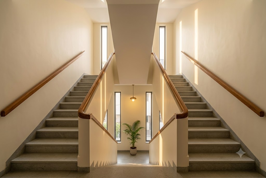 Interior photograph of a stair tower on the rear side of an urban Indian G plus two home showing a U-shape staircase rising through all three floors with light-grey kota stone treads and a continuous timber handrail on the wall side, tall vertical slot windows of two metres by four hundred millimetres wide at each landing admitting filtered late-afternoon daylight that casts soft sunlit bands across the wooden treads, a single brass pendant lamp hanging in the centre of the stair void at the first-floor landing level, a small potted areca palm on the ground-floor landing, the warm cream-painted side walls of the stair tower visible, and a glimpse of the white plastered ceiling at the top under soft warm interior lighting punctuated by sunlit window bands