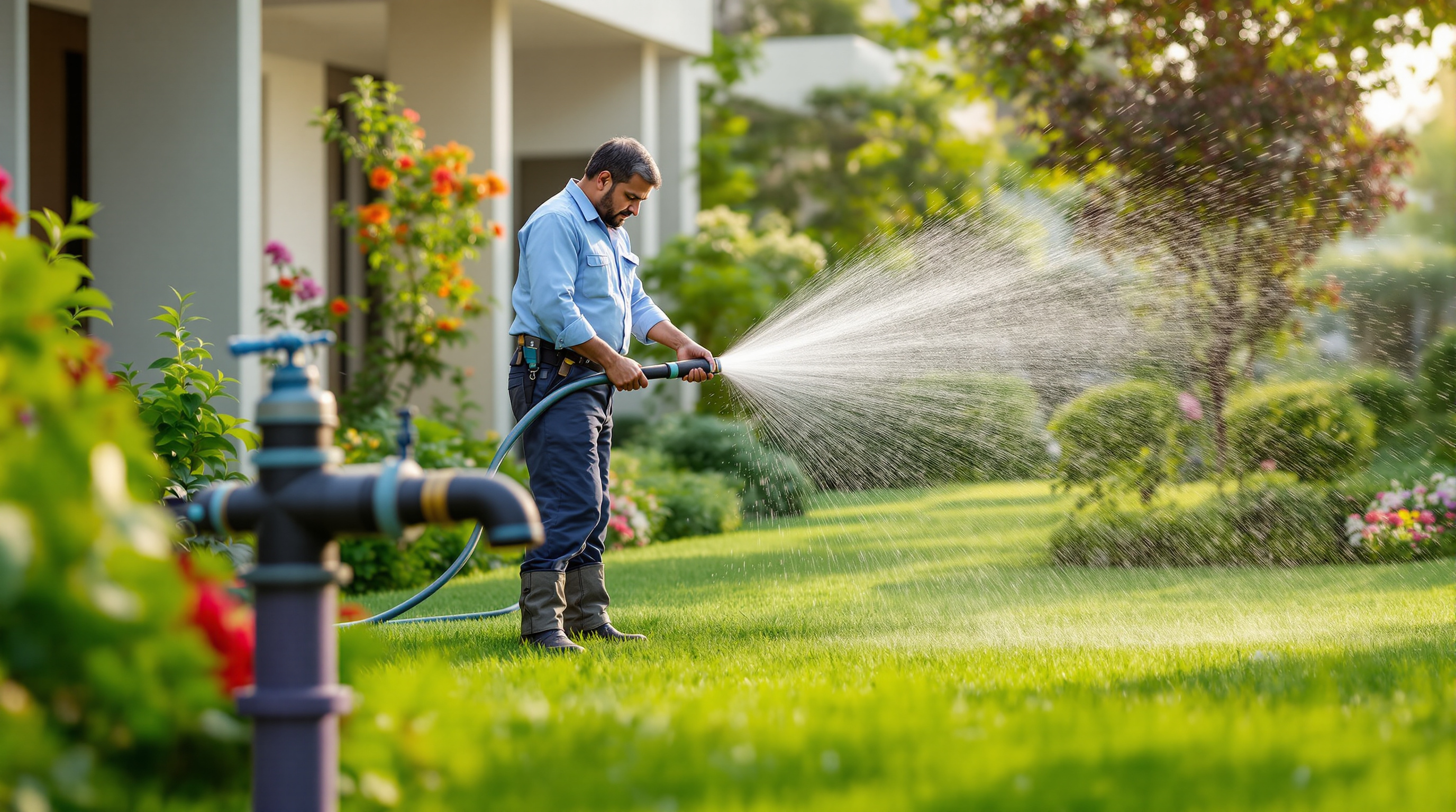 Indian gardener using a hose fed by treated recycled water to irrigate a lush green landscaped residential campus