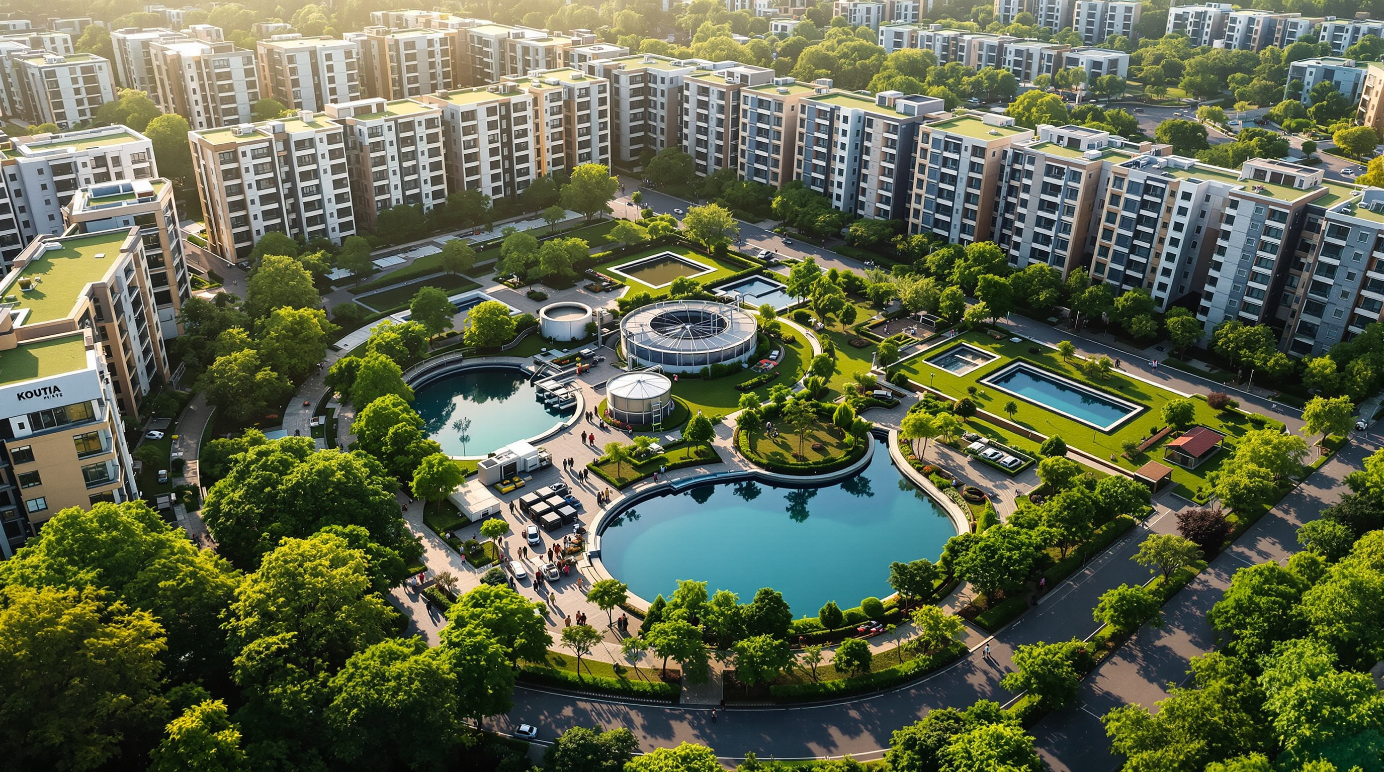 Aerial view of a green Indian township with rooftop-integrated sewage treatment and a landscaped reuse pond