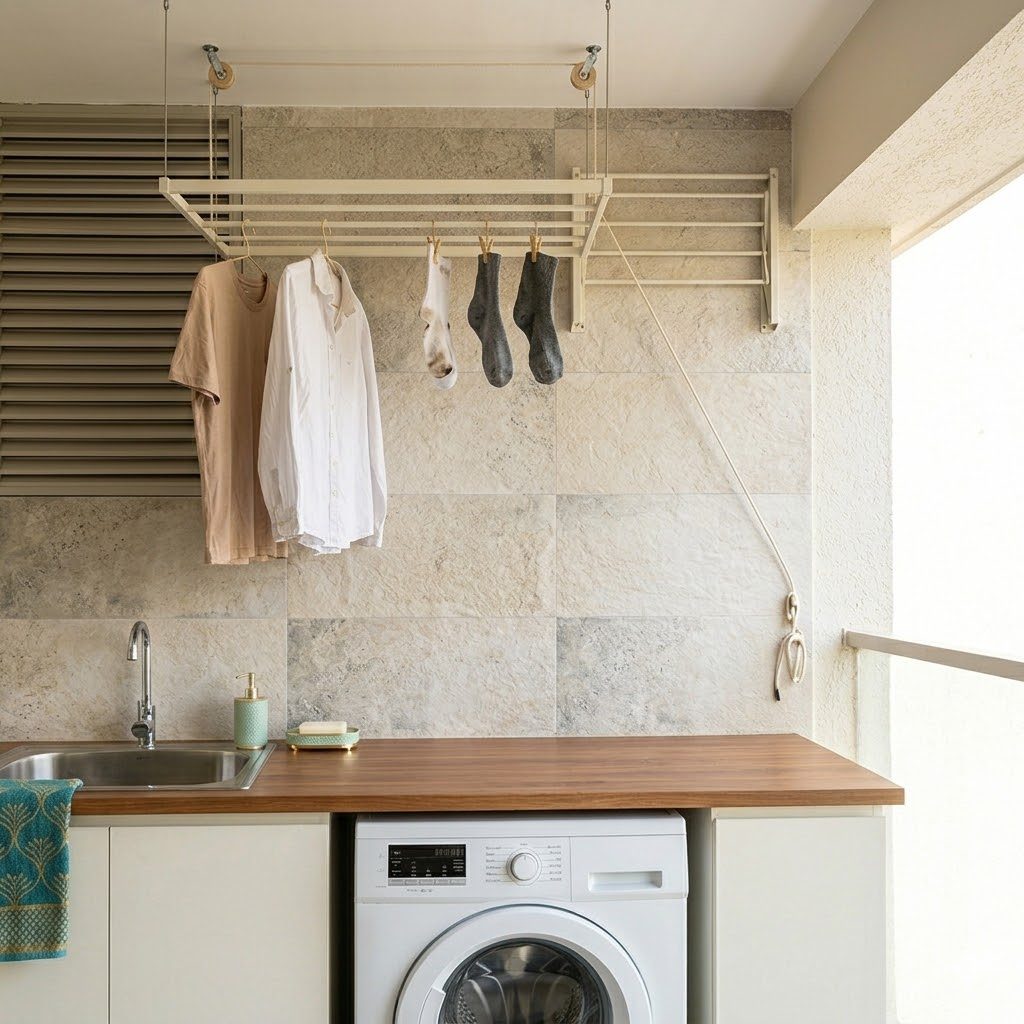 A ceiling-mounted pulley clothes-drying rack lowered to loading height on a small utility balcony, a few garments on its rails and the pulley cord cleated to a wall hook, with a wall-mounted foldable rack folded flat behind on weatherproof tiles
