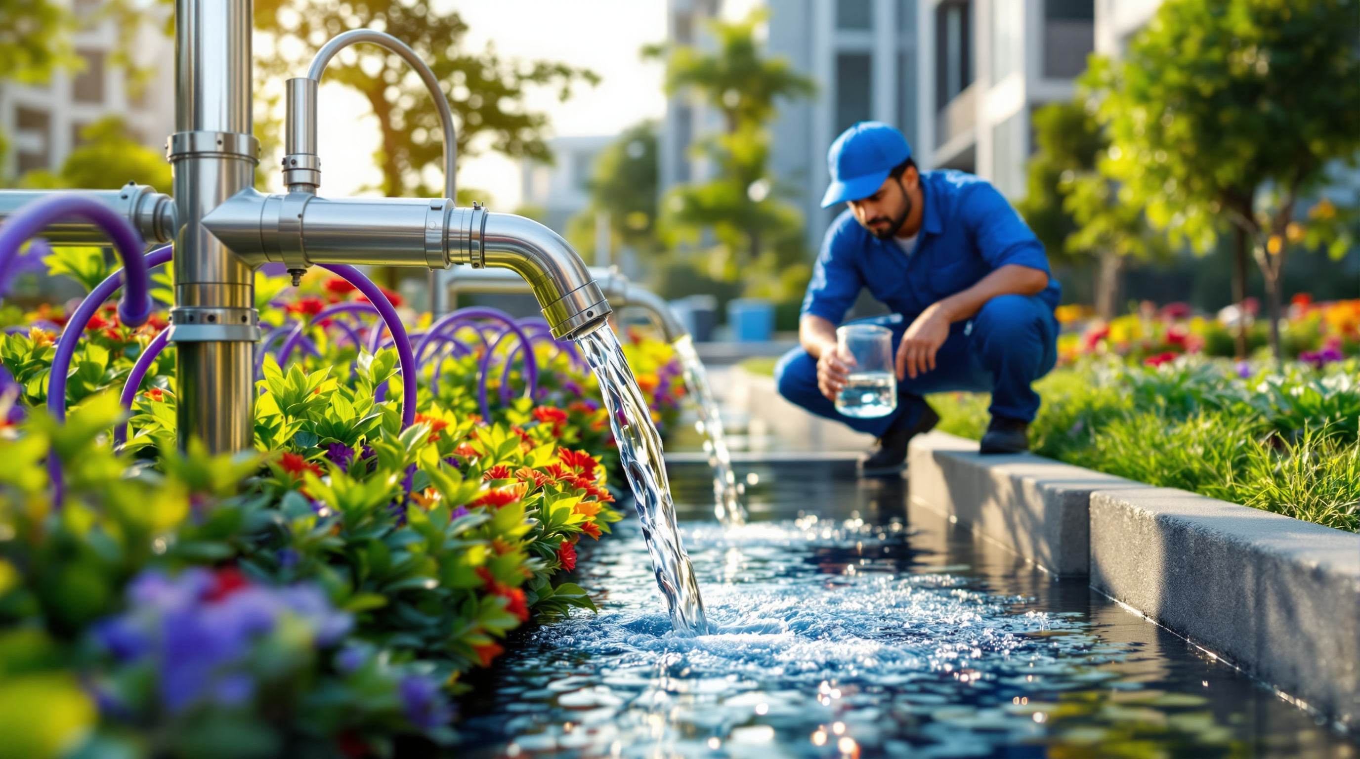 Clear treated water flowing from a sewage treatment plant outlet into a landscaped garden at an Indian housing complex
