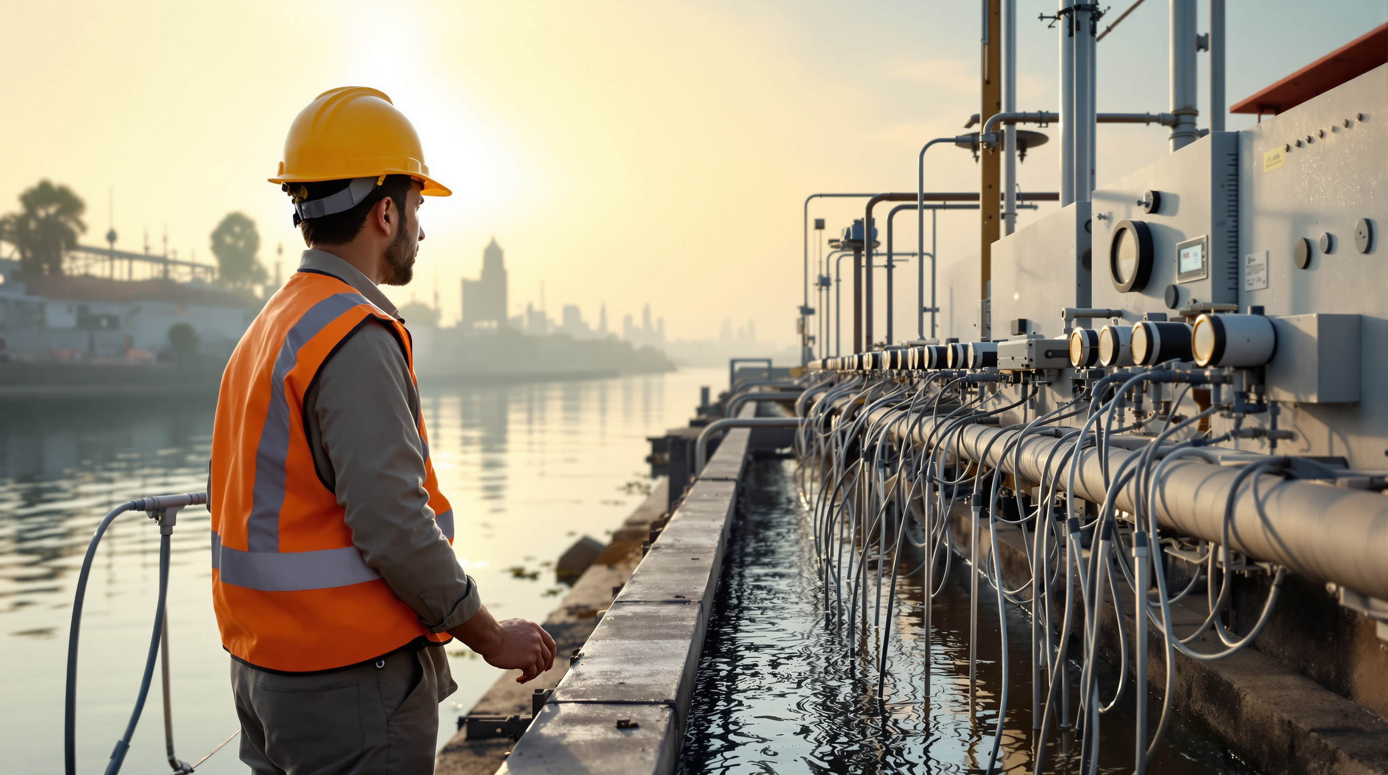 Indian technician checking online water-quality monitoring sensors mounted at a riverside sewage treatment installation near the Ganga