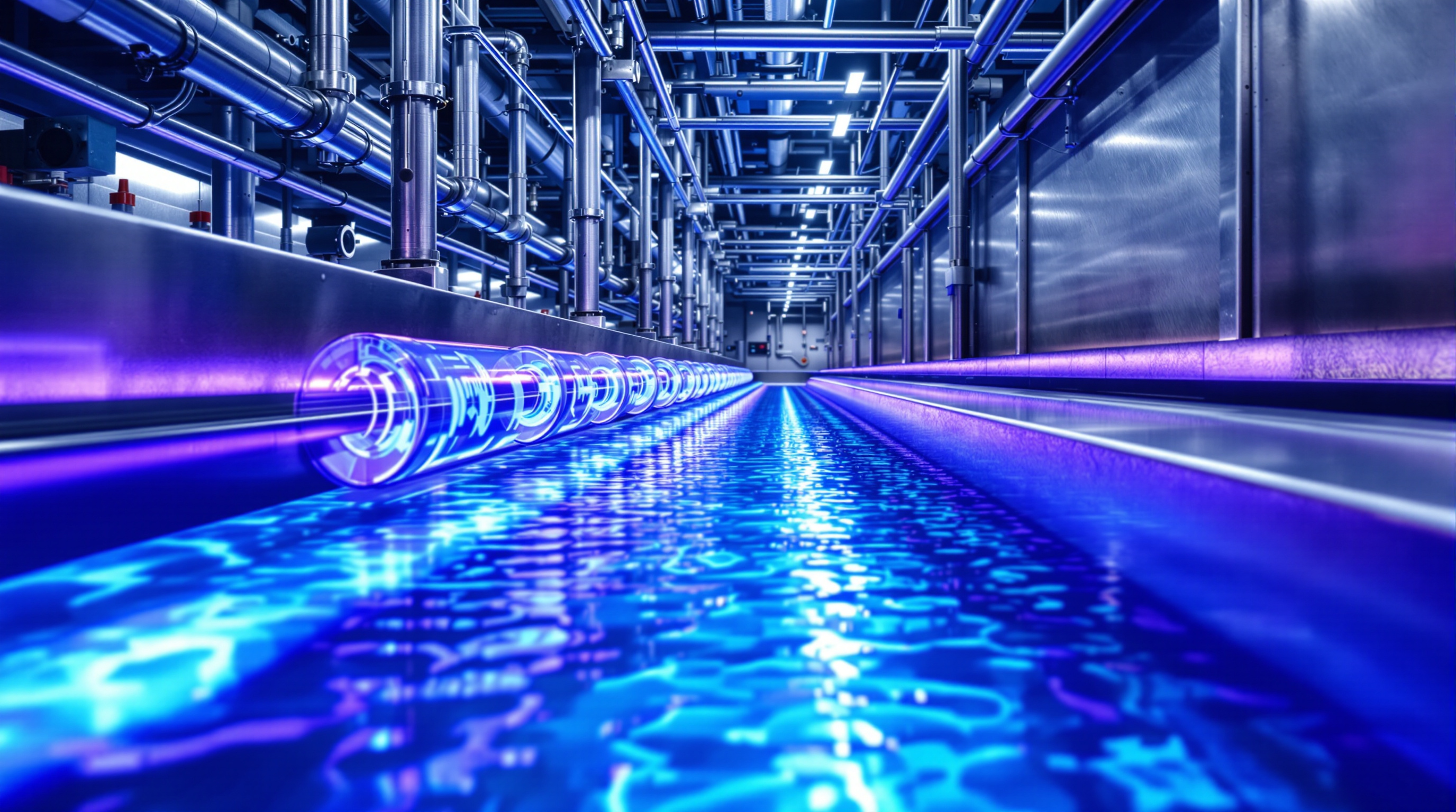 Bank of glowing blue-violet ultraviolet lamps sealed in quartz sleeves inside a stainless steel disinfection channel of a sewage treatment plant, with clear treated water flowing past