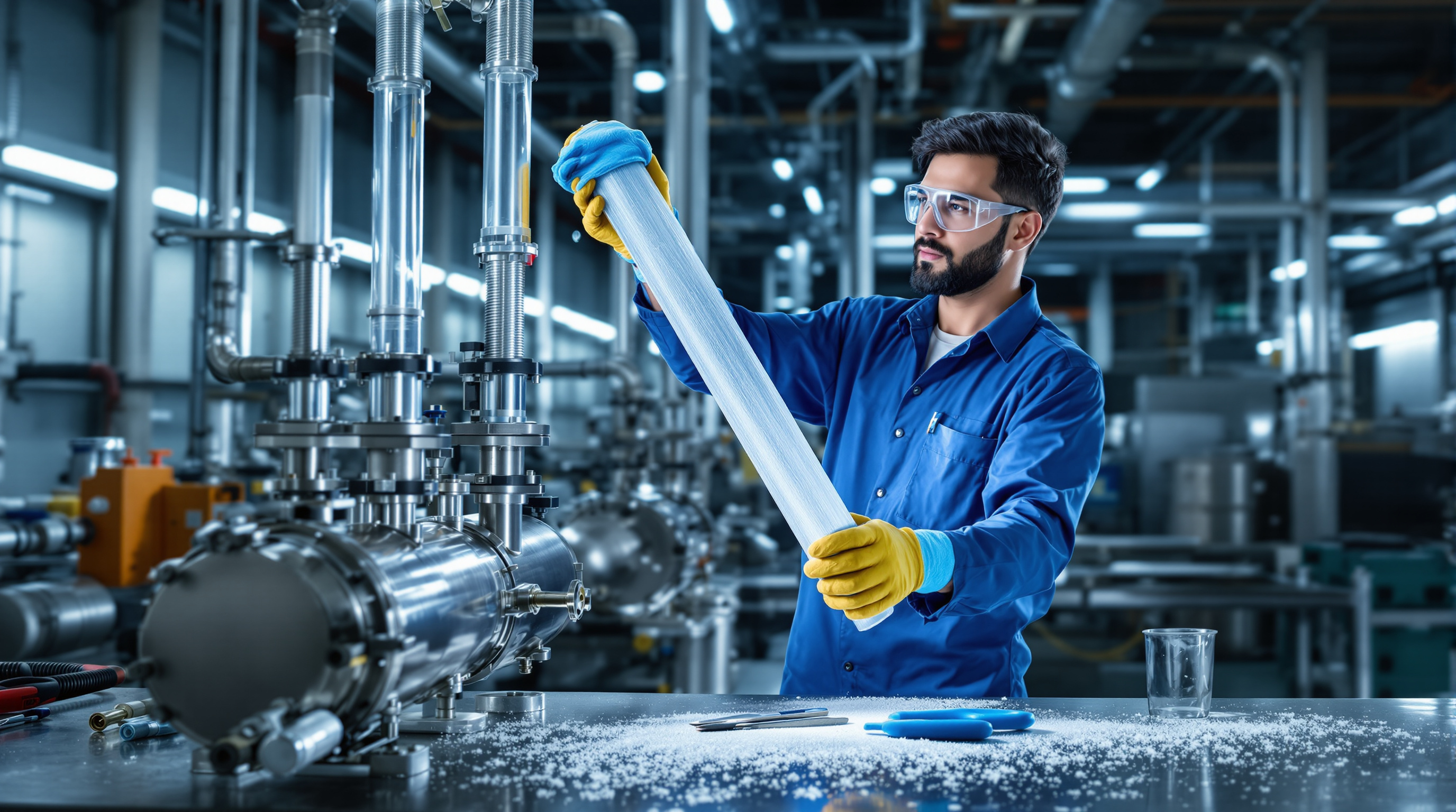 Indian plant technician in overalls and gloves wiping a fouling film off a UV lamp quartz sleeve during routine maintenance at a sewage treatment plant