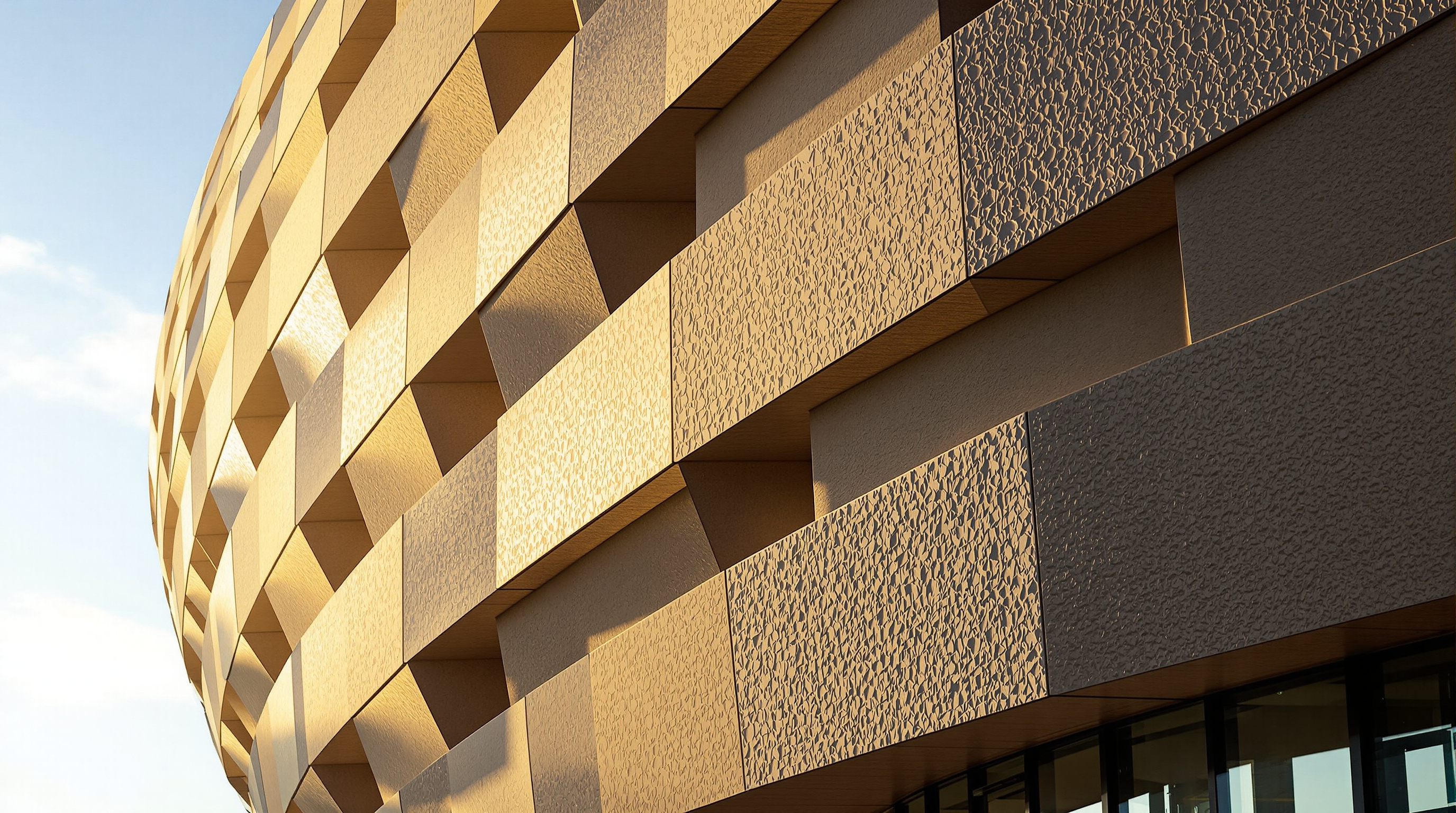 Close-up of the V&A Dundee's façade in raking afternoon light, rows of long rough-textured precast stone slabs cantilevering outward at slightly different angles, throwing deep shifting horizontal shadows across the curving wall
