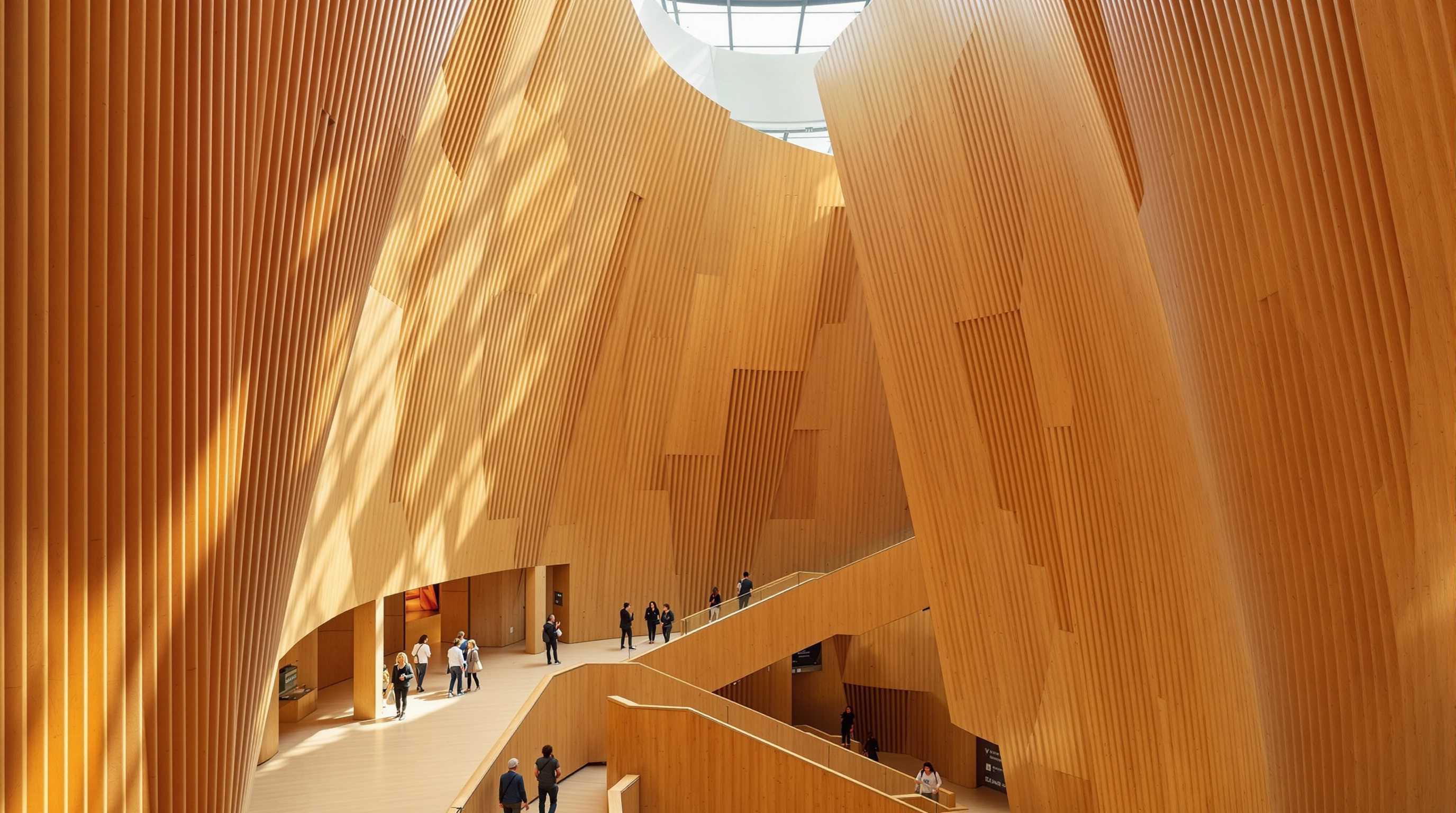 The double-height interior atrium of the V&A Dundee, walls of warm vertical oak battens sweeping upward and inward at irregular angles, a broad timber staircase, soft daylight from above, visitors small against the sculptural volume