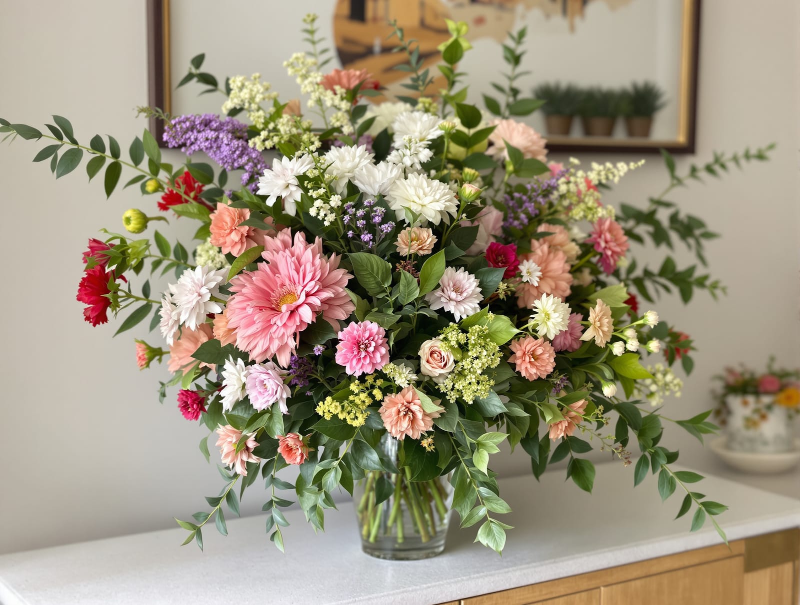A realistic artificial faux floral arrangement in a vase in an Indian home