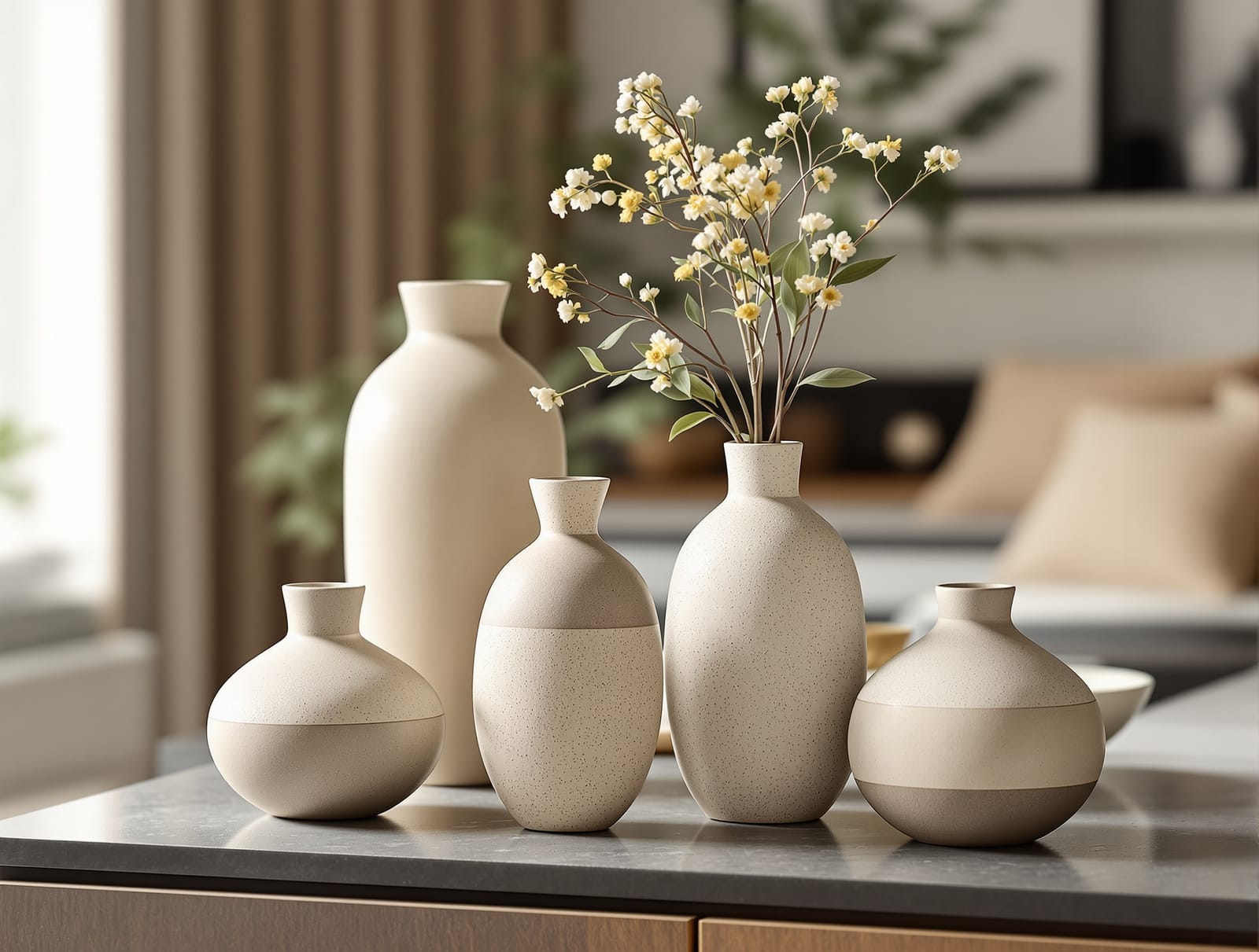 Decorative ceramic vases with fresh stems in a modern Indian home
