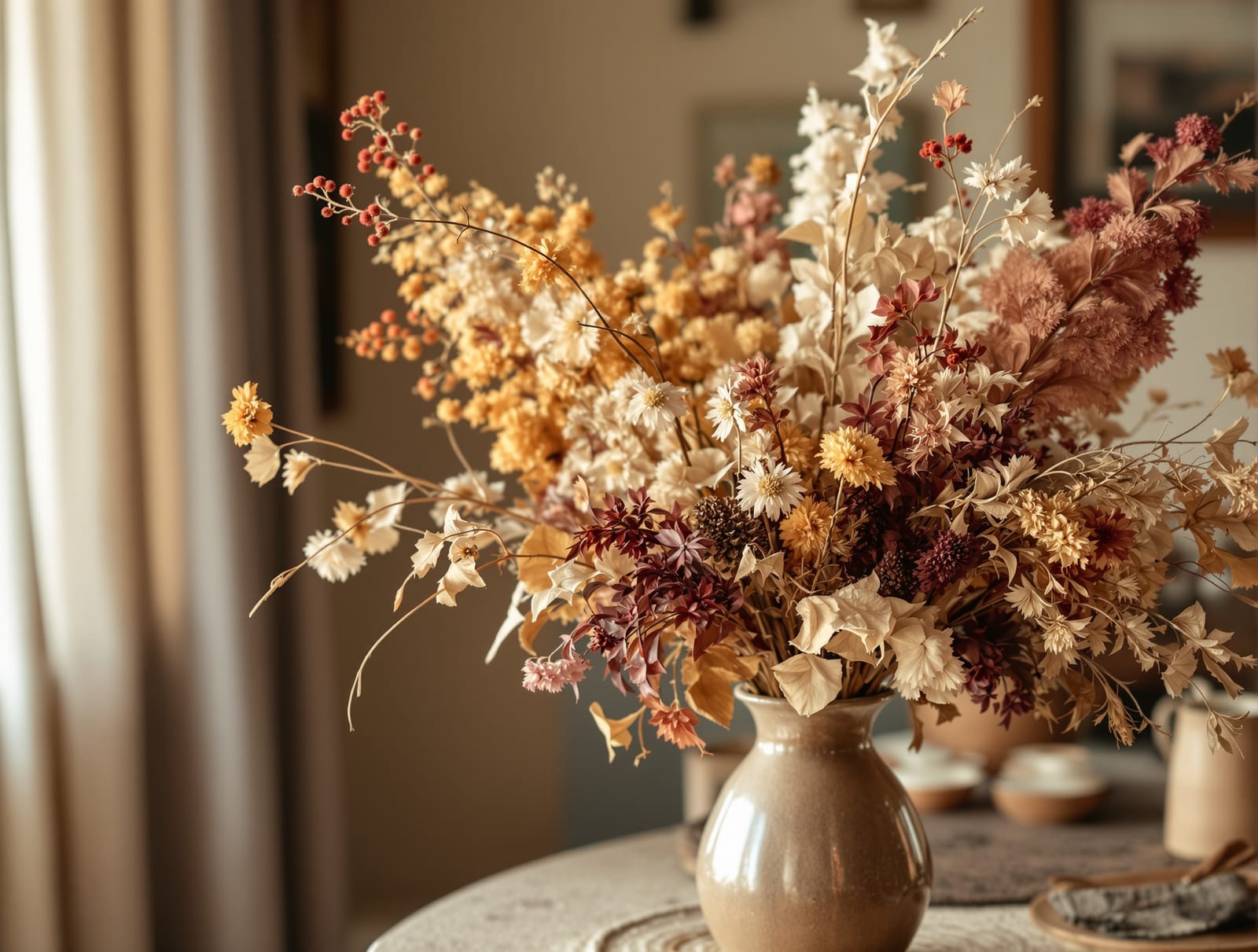 An arrangement of dried flowers and foliage in earthy tones in an Indian home