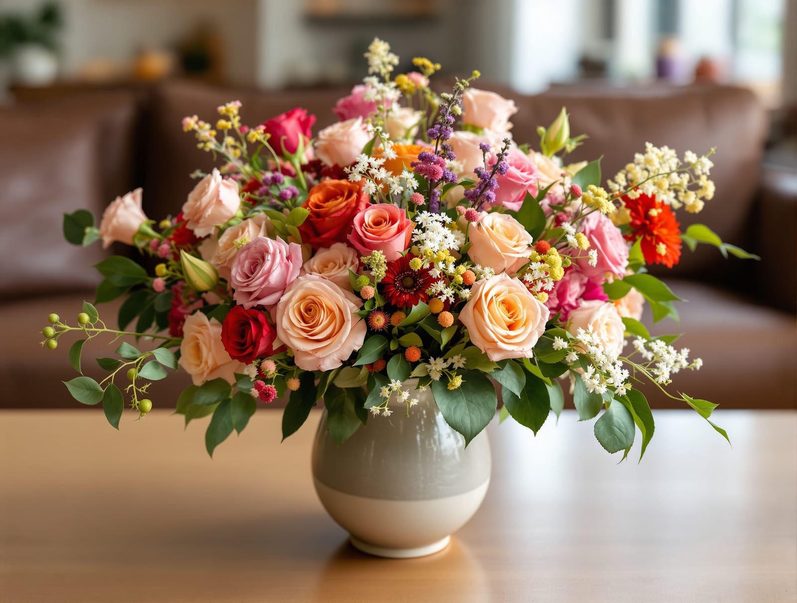 A fresh floral arrangement in a ceramic vase in an Indian living room