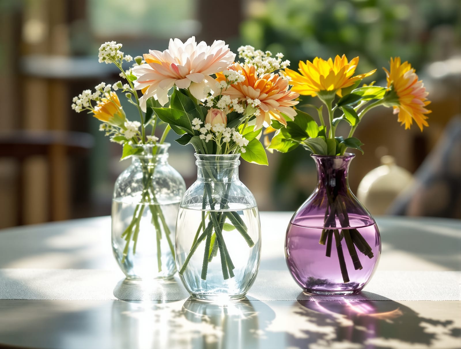 Clear and tinted glass vases with fresh flowers in an Indian home
