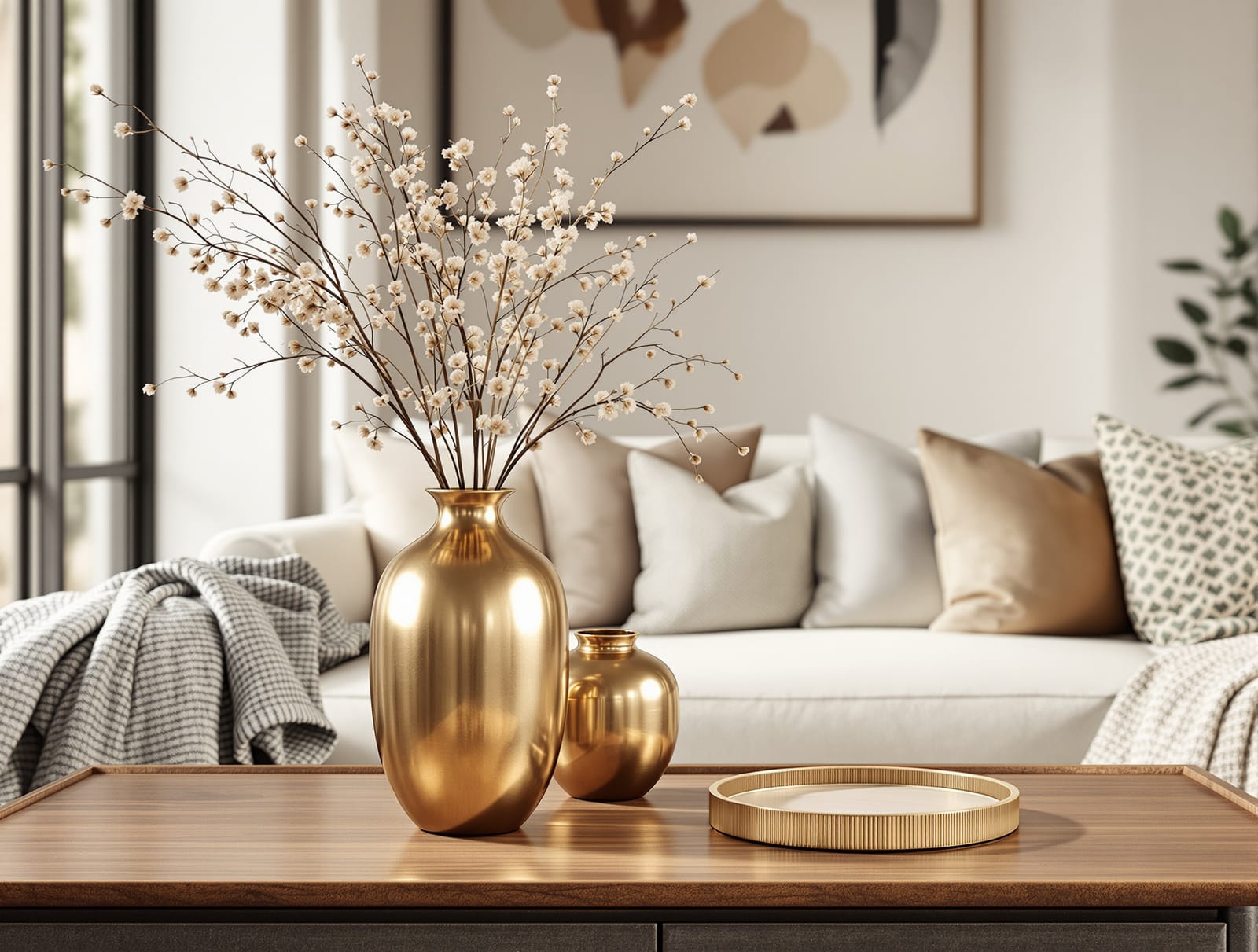 Brushed brass and metal vases with dried stems in a contemporary Indian living room