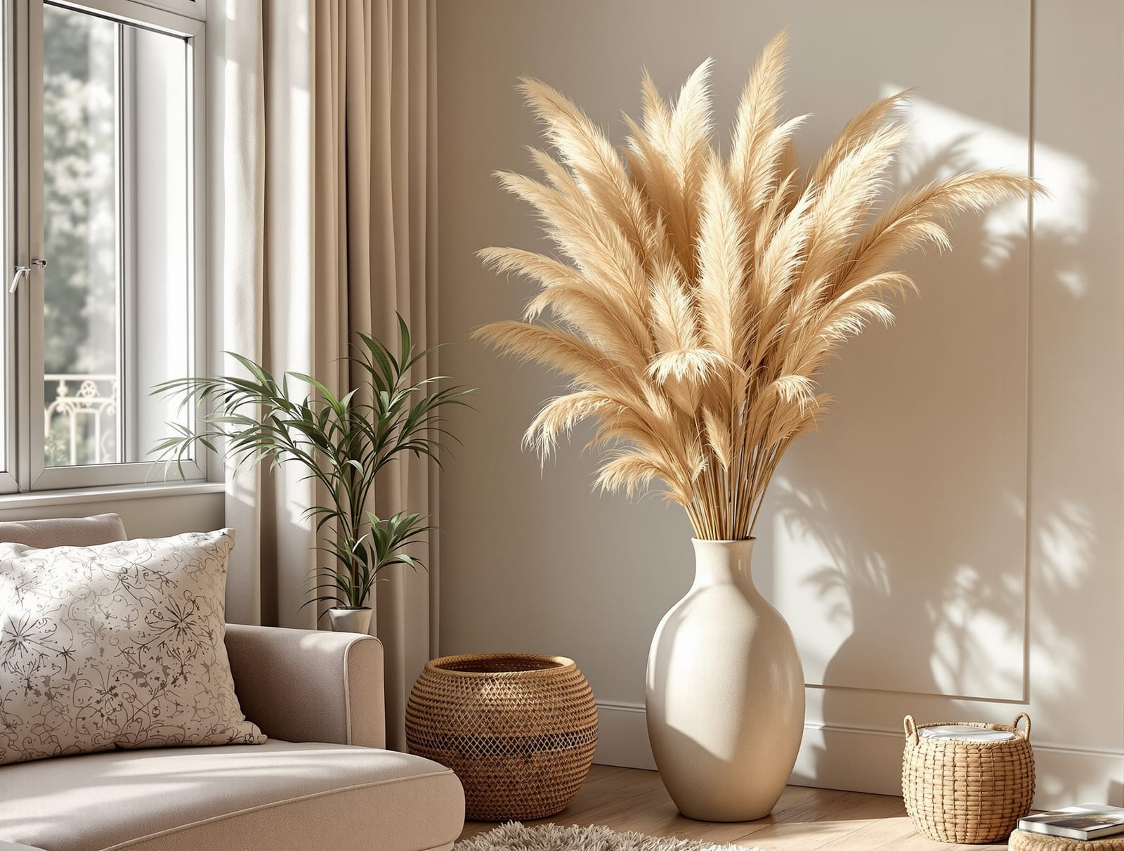 Tall pampas grass plumes in a floor vase in a bohemian Indian living room