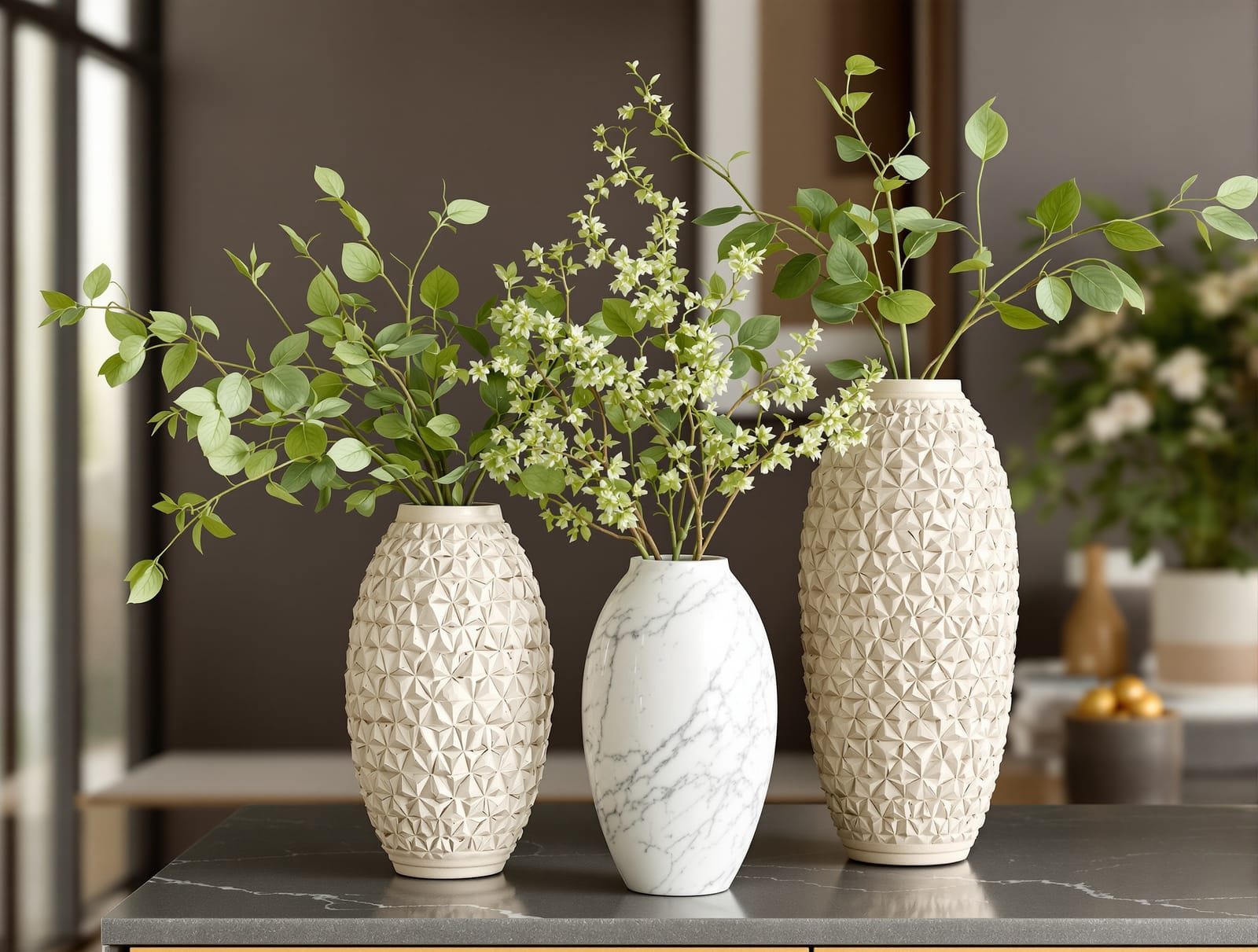 Carved stone and marble vases with greenery in a contemporary Indian home