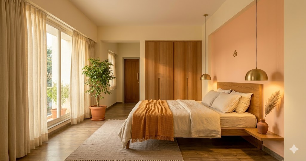 Wide-angle photograph of a vastu-aligned master bedroom in a Bengaluru 3 BHK apartment, soft early morning daylight filtering through floor-to-ceiling cream linen curtains, a low-slung king bed with a warm oak veneer headboard against a soft peach accent wall on the south-west side of the room, layered cream and sand linen bedding in soft folds, two suspended brushed-brass bedside pendants flanking the bed in place of nightstands, a single Auroville stoneware vase with one stem of dried pampas grass on a small floating oak ledge, a wool dhurrie in soft taupe at the foot of the bed on warm oak parquet flooring, full-height fluted oak wardrobe wall opposite in matching warm tone, warm 2700K interior lighting catching the natural grain of the oak and the slubbed weave of the linen, no people, calm restful sanctuary atmosphere, vastu earth-element palette of peach and cream and warm wood supports REM sleep and lowers cortisol, magazine-quality interior photograph, quiet luxury sensibility