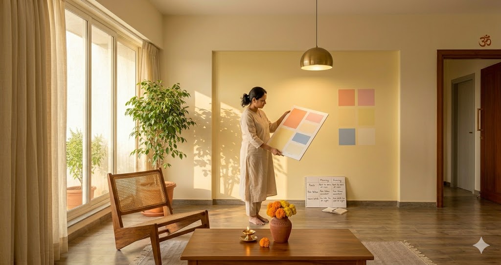 Photograph of an Indian homeowner — a woman in her early forties wearing a soft cream cotton kurta — holding a large A3 vastu color swatch board against the master bedroom wall in a Mumbai or Bengaluru apartment, late-afternoon warm sunlight streaming through a balcony window, the swatch board showing six paint samples in peach, soft pink, cream, pale yellow, soft blue and warm white, three separate test patches already painted directly on the wall in a small grid, a small notebook on the floor next to her with handwritten observations comparing morning, afternoon and evening readings of each color, warm wood furniture in the background, brass pendant lamp casting a soft 2700K pool of light, calm thoughtful atmosphere of careful color selection, magazine-quality interior photograph, real homeowner testing vastu colors at three times of day before committing
