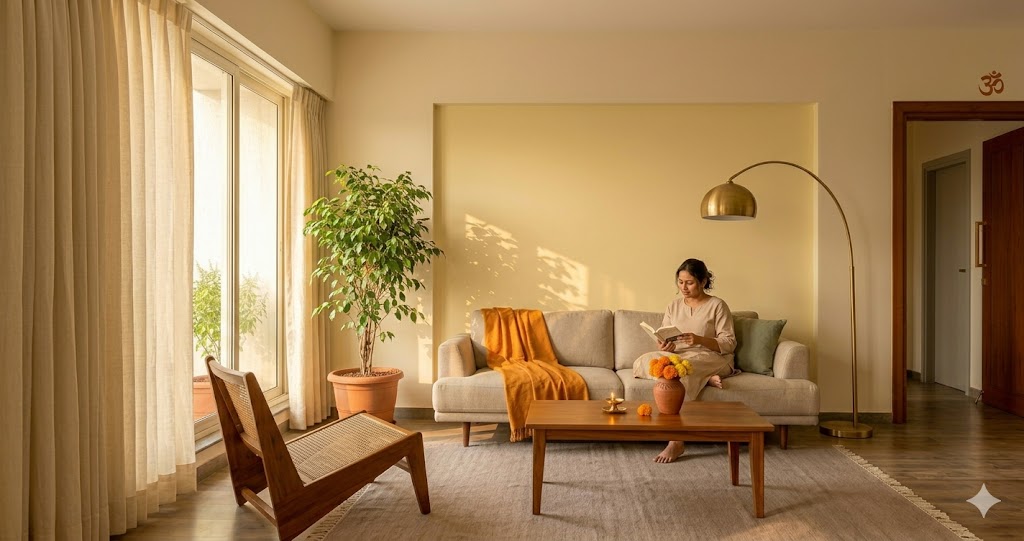Wide-angle photograph of a vastu-aligned living room in a Pune 2-3 BHK apartment, late morning sunlight pouring through floor-to-ceiling cream linen curtains onto a soft pale-yellow accent wall, an oat linen low-slung sofa with two raw cotton throw cushions, a warm Indian teak coffee table with a single brass diya and a hand-thrown terracotta vessel holding fresh marigolds, a brushed brass arc floor lamp arching over one end of the sofa, a wool dhurrie in soft taupe under the seating arrangement, a single large potted Ficus near the window catching morning light, a warm Indian woman in her late thirties wearing a soft beige cotton kurta reading a book on the sofa with bare feet, warm Sunday-morning atmosphere, vastu-aligned cream and pale-yellow palette feels welcoming and prosperous, quiet luxury sensibility, magazine-quality interior photograph