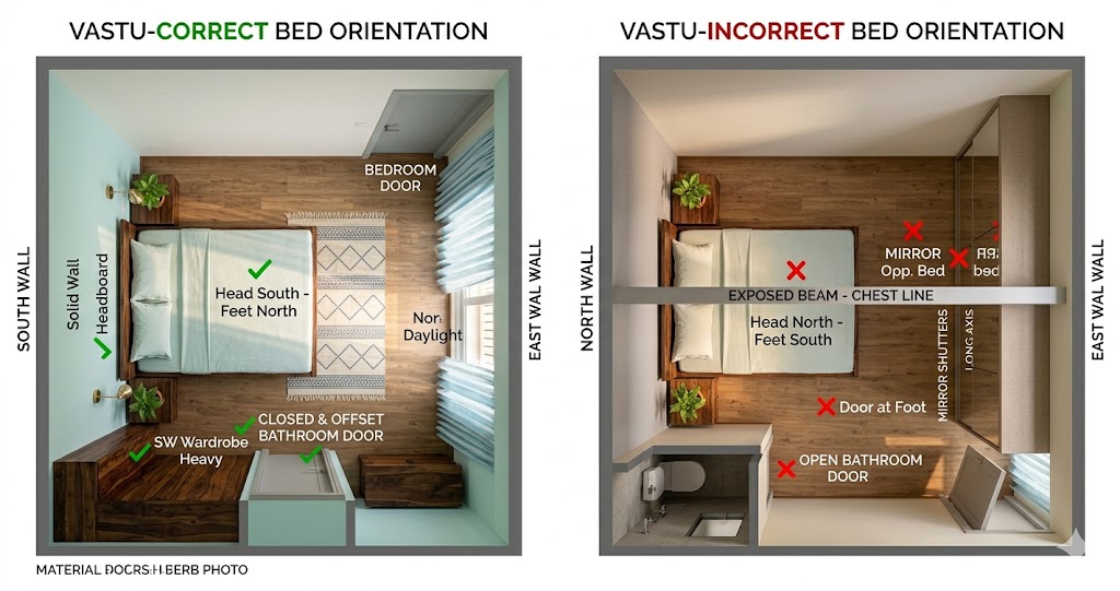 Overhead diagram-photo hybrid plan showing two Indian master bedroom layouts side by side — the left layout vastu-correct with the bed pressed against the south wall, head pointing south, feet pointing north away from the door, solid wall behind the headboard, no mirror on the long axis, no beam above the chest, attached bathroom door closed and offset from the bed axis, wardrobe heavy in the SW corner; the right layout vastu-incorrect with the bed pressed against the north wall, head pointing north, feet pointing south directly at the open bedroom door, a wardrobe with mirror shutters on the long axis directly opposite the bed, an exposed beam running directly over the chest line, the bathroom door swung open directly across from the bed; both layouts annotated with red and green markers, soft warm natural daylight, magazine-quality diagram-photo hybrid showing the practical difference between correct and incorrect Indian bedroom orientations.