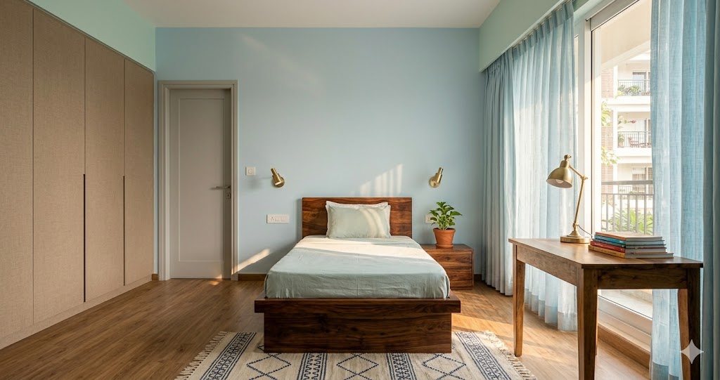 Photographic interior of a vastu-compliant kids' bedroom in a soft mint-toned Mumbai apartment, late morning sunlight pouring through a generous east-facing window onto a low platform single bed with a solid sheesham headboard pressed against the south wall and the bed head pointing south, a light blue accent wall behind the bed in soft Asian Paints sky whisper, a small study desk in solid mango wood pushed against the east wall under the window with a brass anglepoise task lamp and a stack of school books, a tidy wardrobe in warm oat laminate on the west wall with no mirror on the long axis, a small wool dhurrie in cream and indigo on the floor between the bed and the desk, a single potted money plant in a terracotta pot in the NE corner, the room calm restful and growth-oriented with deliberate east-facing study daylight, no people, magazine-quality interior photograph of an Indian children's bedroom planned with both vastu and modern study-zone sensibility.