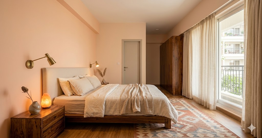 Photographic interior of a vastu-compliant master bedroom in a soft peach-toned Bengaluru apartment, soft morning daylight streaming through floor-to-ceiling oat linen curtains, a low solid teak platform bed with a wide upholstered headboard pressed against a south-facing accent wall in soft Asian Paints peach glow, the bed oriented so the crown of the sleepers points south and the feet face north away from the closed bedroom door, two warm 2700K brass wall sconces flanking the headboard for reading, a low solid sheesham bedside drawer on each side holding a single ceramic vase with one stem, a closed solid-wood wardrobe with no mirror on the long axis, no exposed beam above the chest line, a warm earth-tone wool dhurrie at the foot of the bed, a small Himalayan salt lamp glowing amber on the SW bedside, the room sober, grounded, restful, and unmistakably Indian in its restraint and material warmth, magazine-quality interior photograph of a quietly vastu-aligned bedroom.