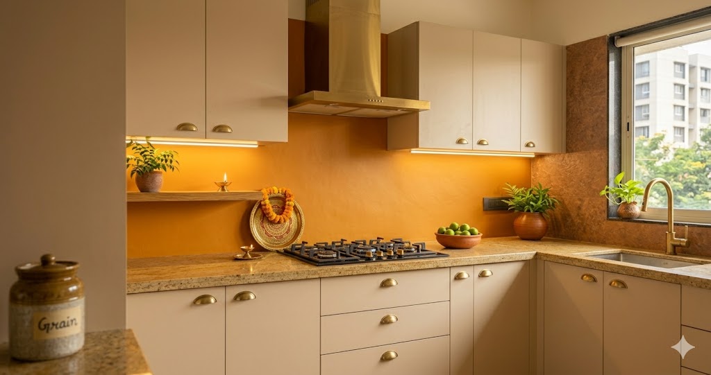 Photograph of a vastu-aligned kitchen in a premium Pune 3 BHK apartment 2026 showing a single saffron-tone accent wall in marigold orange behind the cooking zone in the south-east corner, cream-coloured matte laminate cabinets across the rest of the kitchen run, brushed brass cup pulls and a brushed brass Jaquar Artize tap at the north-east corner sink, a honed beige quartz countertop, a small brass diya freshly lit on a floating oak shelf in the south-east corner, a hand-thrown terracotta bowl of fresh limes on the counter, an Auroville stoneware jar of grain on the south-west wall, warm 2700K under-cabinet linear LED catching the matte texture of the cream laminate and the deep marigold of the accent wall, no people, calm vastu-balanced atmosphere, magazine-quality interior photograph showing the discipline of saffron-as-accent in the fire zone rather than saffron-everywhere