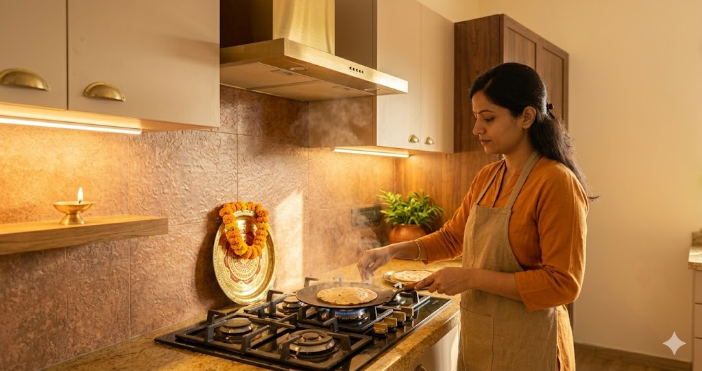 Photograph of an Indian woman in her thirties wearing a saffron-toned cotton kurta and apron, cooking rotis at a vastu-aligned gas cooktop in the south-east corner of a modern Bengaluru 3 BHK apartment kitchen, facing east into an oat-coloured matte laminate splash wall with a brushed brass chimney directly above the hob, morning sunlight catching the brass surfaces and the steam rising from the tawa, a small fresh marigold garland draped over a brass Agni yantra plate mounted on the wall behind the hob, calm and focused expression on the cook's face, warm 2700K under-cabinet lighting catching the texture of the laminate, magazine-quality lifestyle photograph illustrating the discipline of east-facing cooking in a vastu-compliant kitchen
