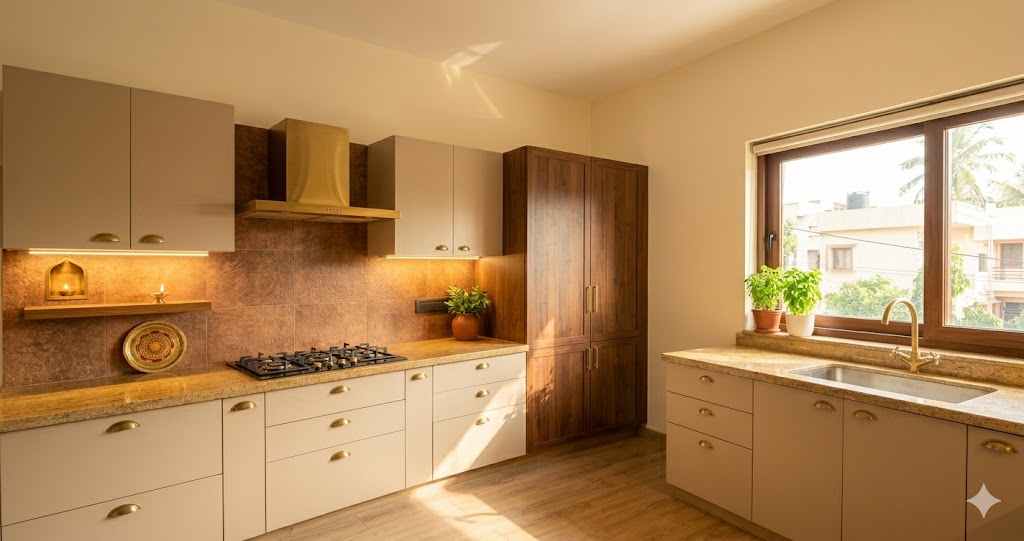 Wide-angle photograph of a vastu-compliant modular kitchen in a premium Bengaluru or Mumbai 3 BHK apartment in 2026, morning sunlight pouring in through a large east-facing window, oat-coloured matte laminate cabinets with brushed brass cup pulls, the gas cooktop placed in the south-east corner of the room with a copper-toned backsplash and brass-finished chimney above, a stainless-steel sink with brushed brass tap installed in the north-east corner under the window, a tall walnut larder anchoring the south-west wall, a refrigerator placed cleanly in the north-west corner, a small brass diya niche on the south-east wall freshly lit, honey-coloured granite counter with a hand-thrown terracotta jar of curry leaves, ambient 2700K under-cabinet lighting, no people, magazine-quality interior photograph showing both the discipline of vastu placement and the warmth of an Indian apartment kitchen ready for the day's cooking
