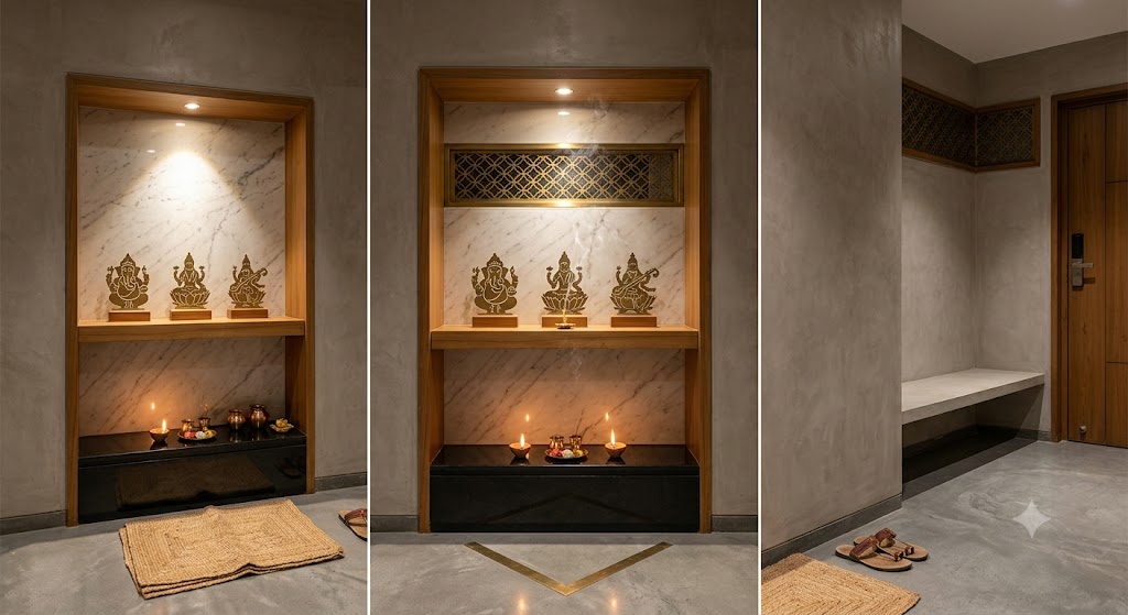 A 4 by 3 foot built-in NE corner pooja niche in a contemporary Indian apartment with a Carrara marble back wall, three brass deity silhouettes in a row on a teak altar shelf at 1350 mm height, two oil diyas on a polished black-granite counter at 750 mm, a narrow brass-framed jaali screen above the altar admitting incense smoke upward, warm 2700K recessed downlight from above and a folded jute mat for seated puja in the foreground — small, sacred, and clearly the geometric NE corner