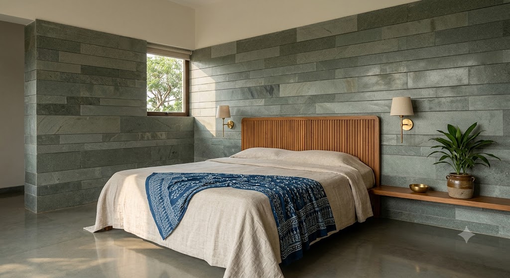 Master bedroom in the southwest corner of an Indian home with a king bed and fluted teak headboard sitting against a southwest wall finished in stacked-bond Kota stone cladding running from floor to ceiling, brass-armed wall sconces flanking the headboard, oatmeal linen bedding with a single indigo block-print throw, polished cement flooring, a small Aspidistra plant on a teak ledge, and soft afternoon light from a small west-facing window — visually demonstrating the Vastu rule of heaviest mass on heaviest direction
