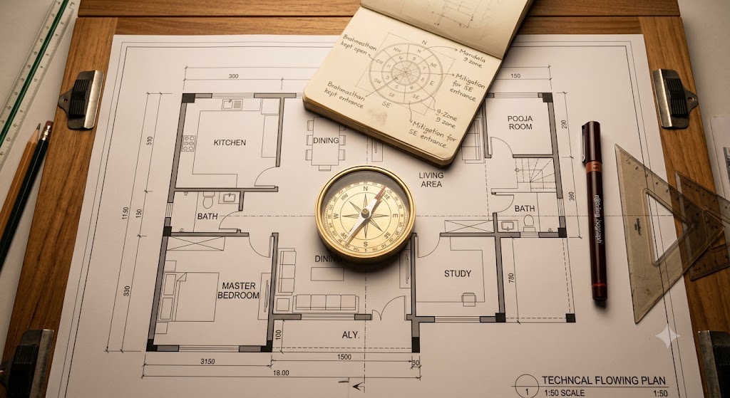Top-down view of an architect's drawing board with a printed residential floor plan at 1 to 50 scale laid flat across the board and a brass Vastu compass (Disha-Sutra) with eight-direction markings and a magnetic needle resting at the geometric centre of the plan, alongside a pair of architect's draughting triangles, a 0.5mm rotring pen, and a small notepad with hand-drawn 9-zone Mandala sketches under soft warm overhead light