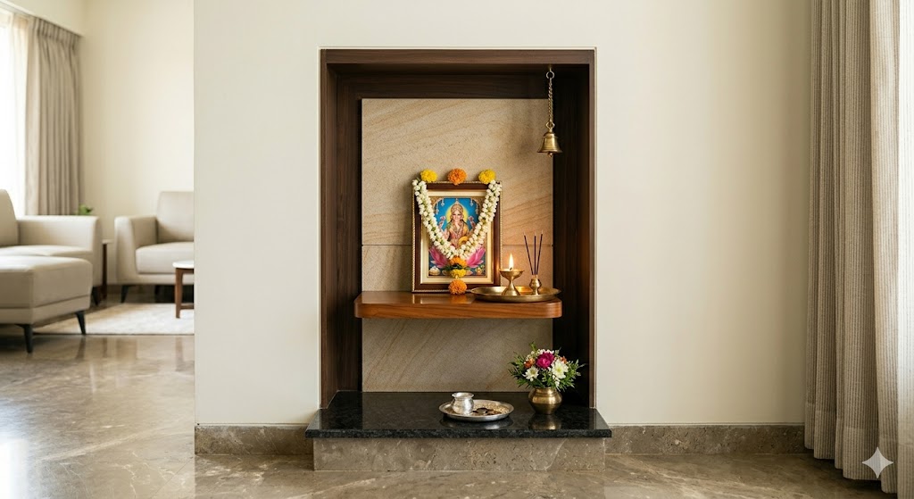 Pooja niche built into the northeast wall of a modern Indian apartment living room — wood-and-stone construction, brass diya, single garlanded deity image, soft warm light from a side window, restrained and tasteful