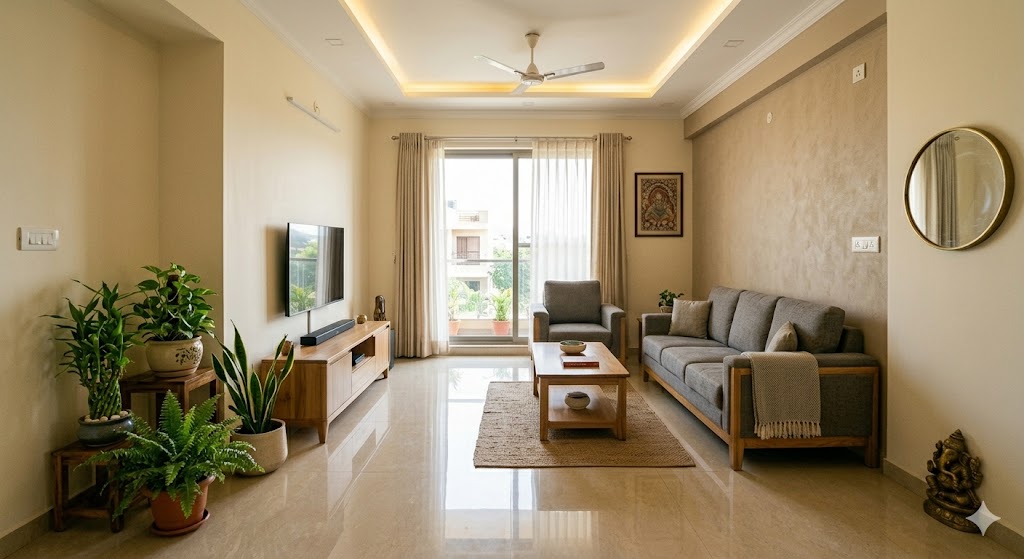 Modern Indian apartment living room with Vastu-aligned planning — heavy sofa against the south wall, north-facing window admitting even daylight, indoor plants in the northeast corner, low TV unit on the southeast wall, warm-neutral interiors