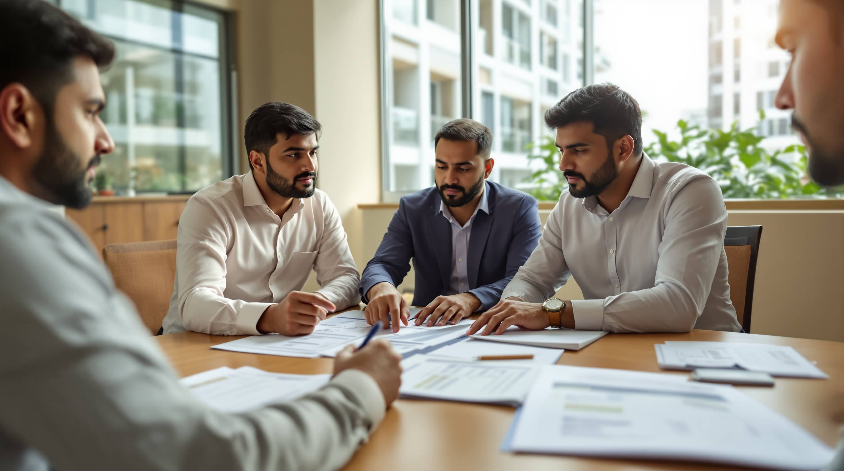 Indian RWA committee members and a project consultant comparing printed STP vendor quotations and a scoring sheet across a meeting table