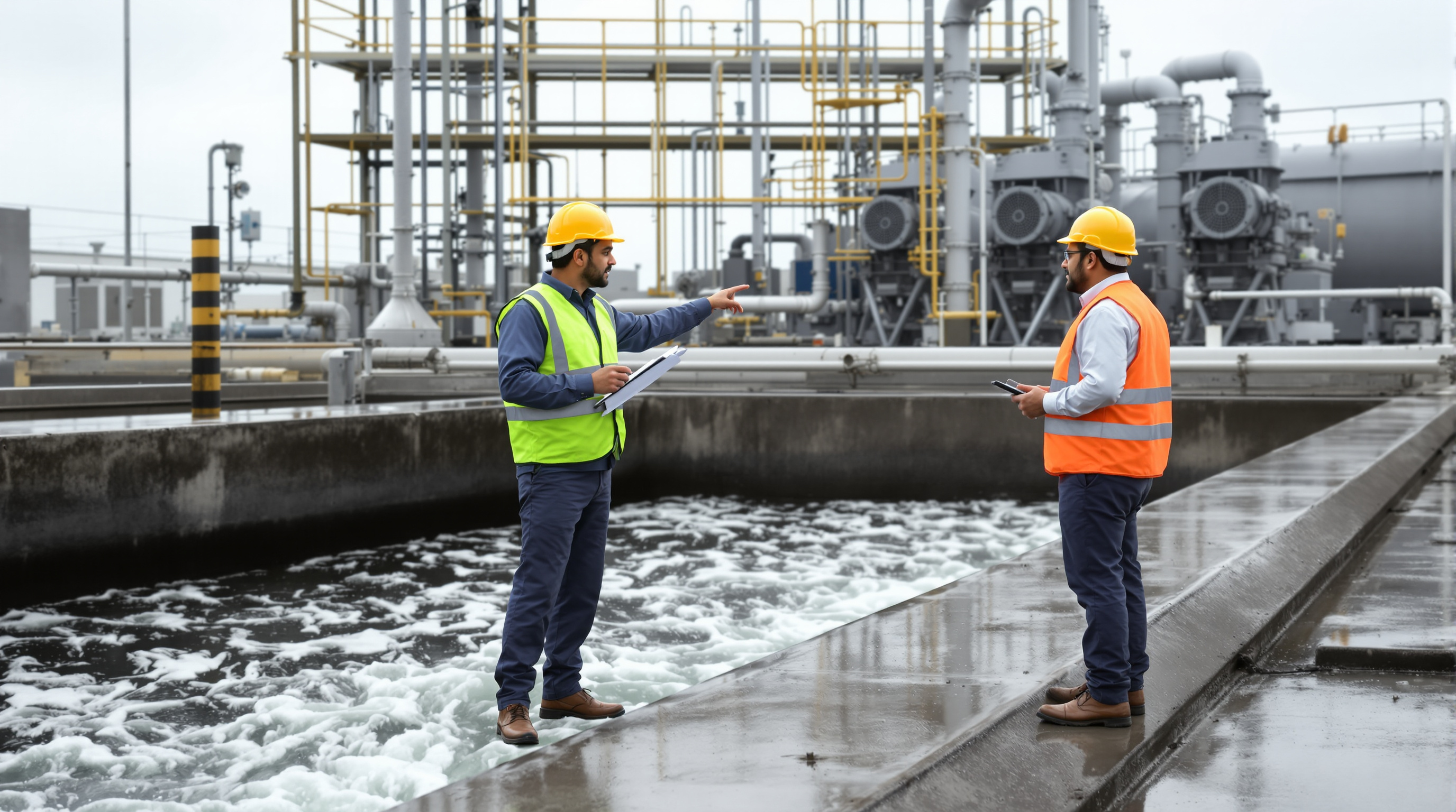 Two Indian engineers inspecting a running sewage treatment plant reference site with aeration tanks and blowers
