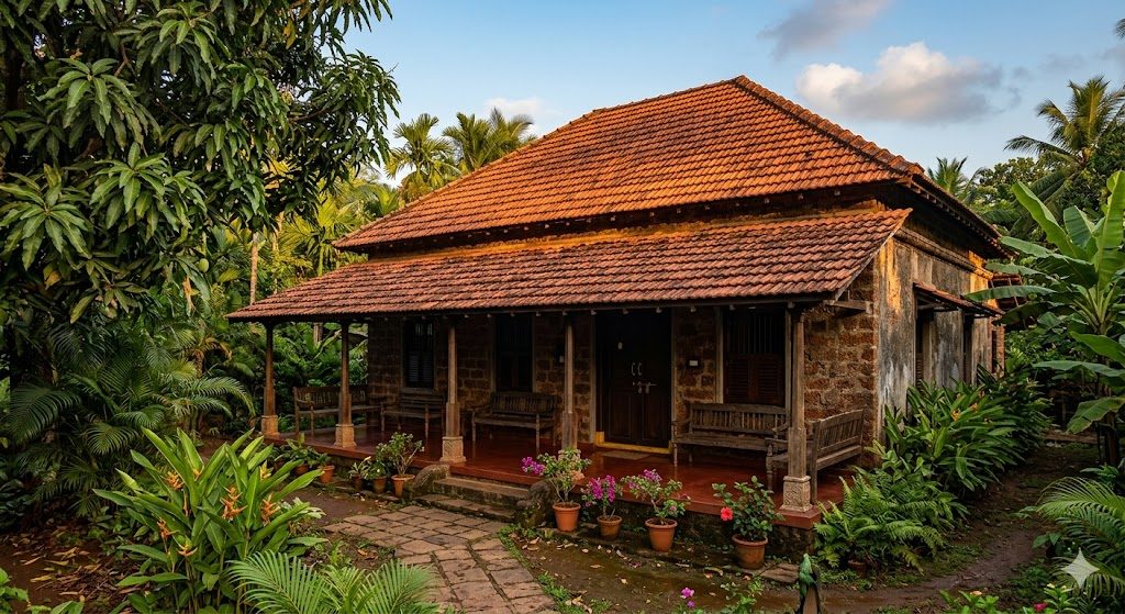 Konkani-Goan laterite-stone vernacular house with a steep clay-tile roof, a deep padvi verandah on slim timber columns, monsoon-darkened laterite walls, and tropical greenery — illustrating the warm-humid roof-geometry response of steep pitch and deep eaves
