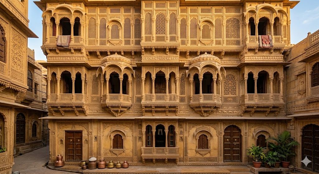 Jaisalmer sandstone haveli facade with multiple cantilevered jharokha bay windows, finely-carved jali screens at upper level, and hand-cut sandstone surface texture catching golden hour desert light — illustrating the 450 to 600 mm high-mass wall and 8 to 10 hour time-lag strategy of hot-dry vernacular