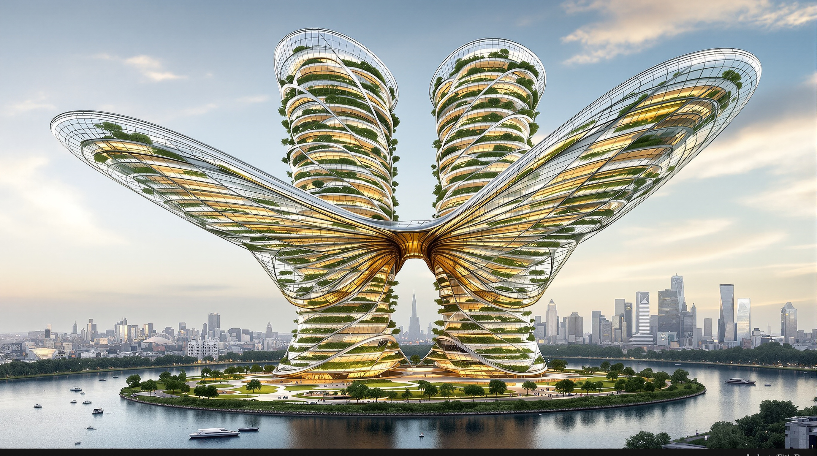 A dramatic architectural rendering of a twin-towered biomorphic vertical farm shaped like a dragonfly's wings on a river island, its transparent membranes revealing terraced fields, orchards and greenhouses stacked over 100 storeys, city skyline behind