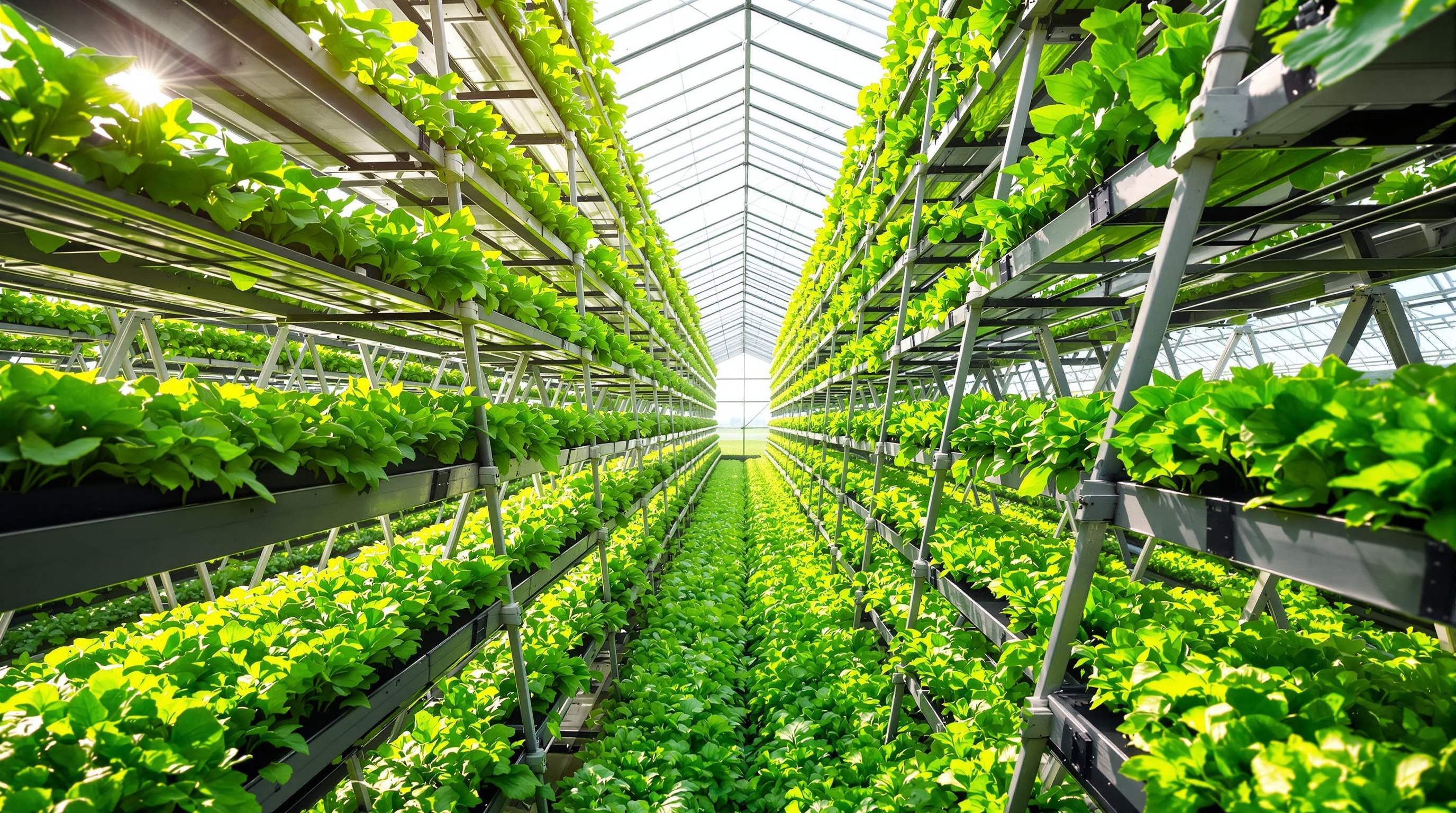 Rows of nine-metre-tall aluminium A-frame vertical farming towers inside a tropical greenhouse, each frame stacked with troughs of bright green leafy vegetables slowly rotating on a water-driven system, sunlight streaming through the roof