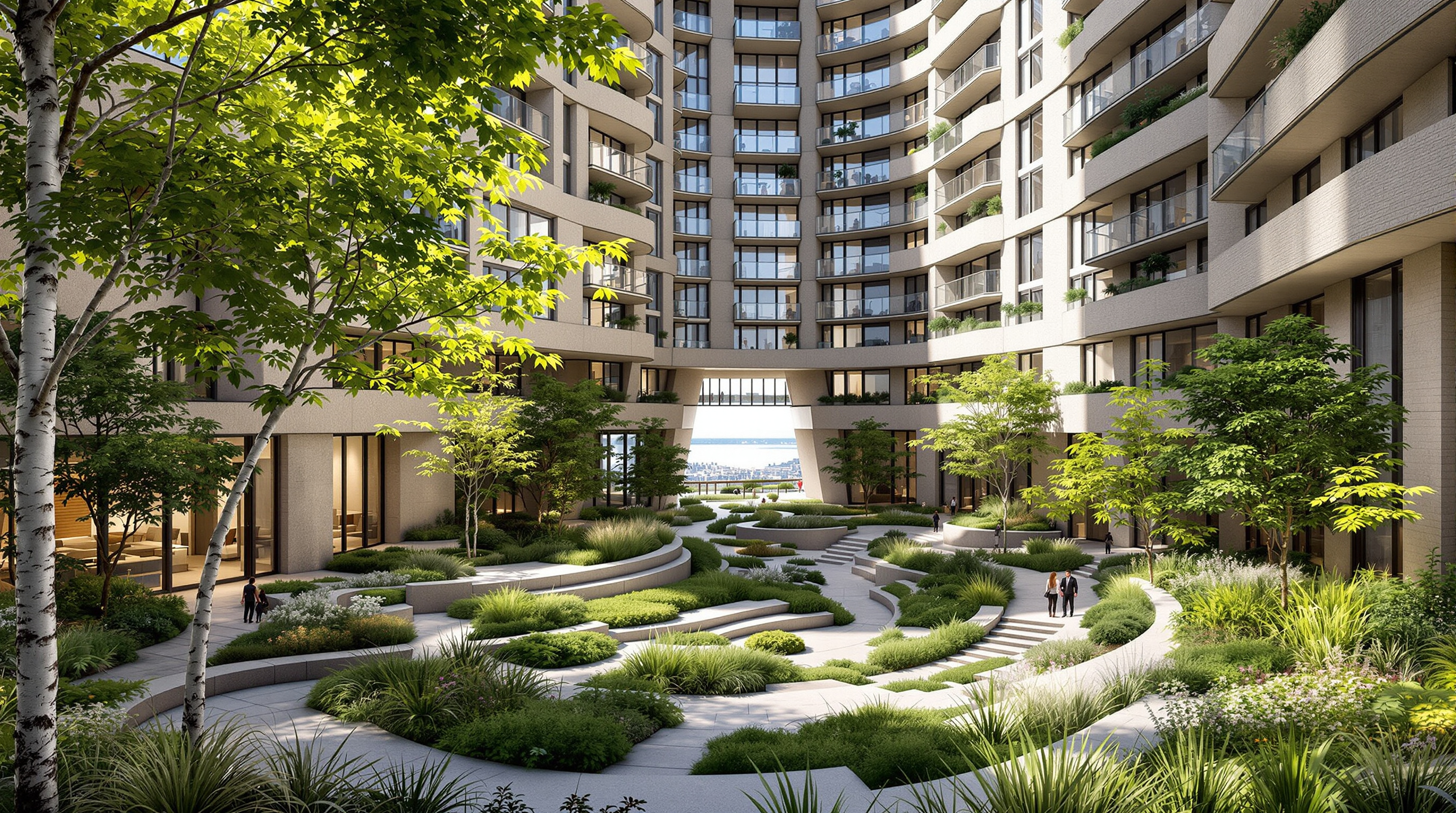 The central courtyard of VIA 57 West seen from inside: a landscaped triangular garden of birch trees, grasses and stepped paths climbing toward the open corner that frames the Hudson River, with the warped inner walls of the tower rising steeply on three sides and residents' balconies looking down