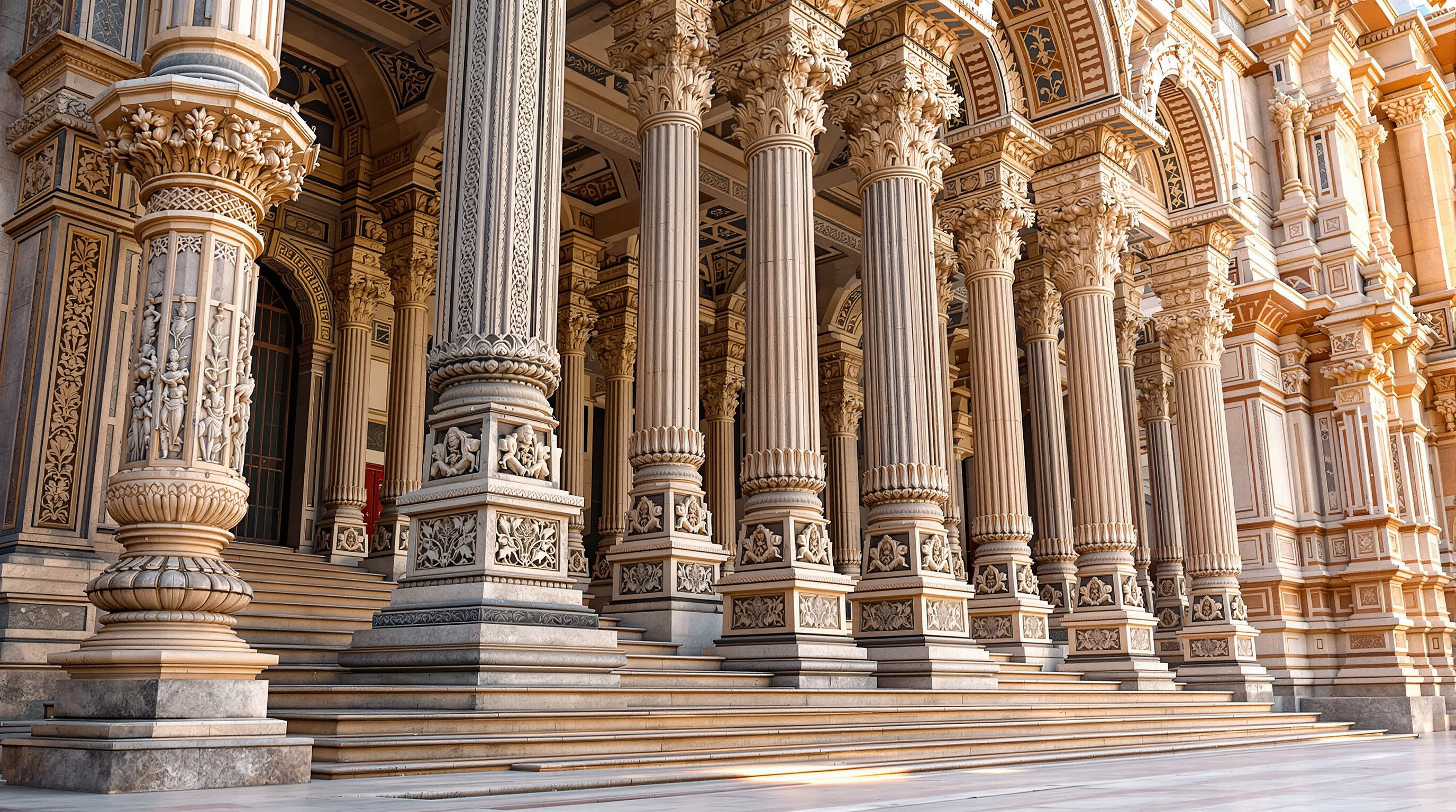 The columned portico and grand ceremonial staircase of the Vidhana Soudha seen close up, sunlight raking across the intricately carved grey and pink granite pillars, capitals and deep friezes, showing the hand-chiselled stone craft