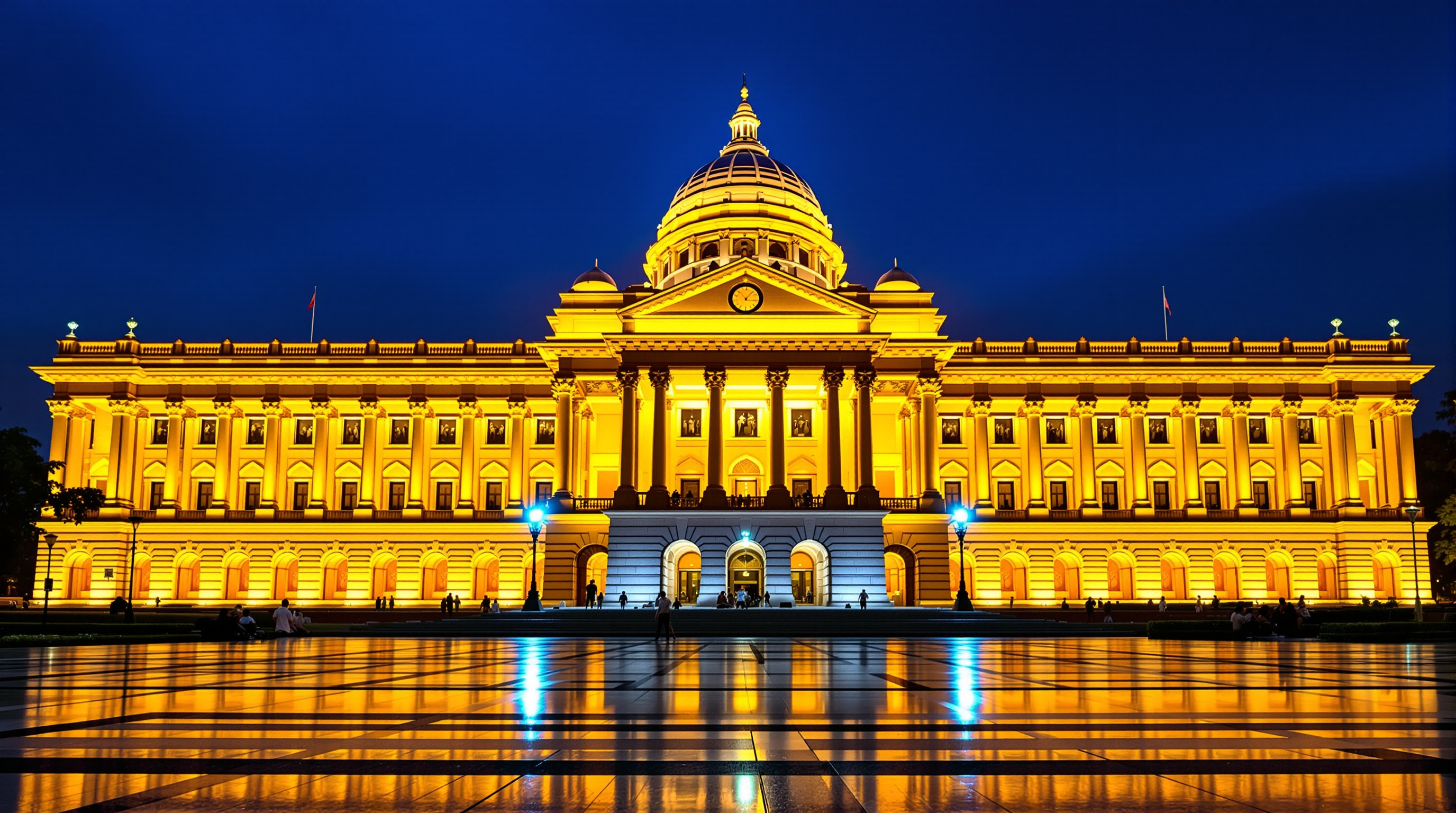 The Vidhana Soudha fully illuminated after dark, every carved pillar, cornice and the central dome outlined in warm light against a deep blue night sky, the long facade reflected on the wet plaza in front, crowds gathered on the ceremonial steps