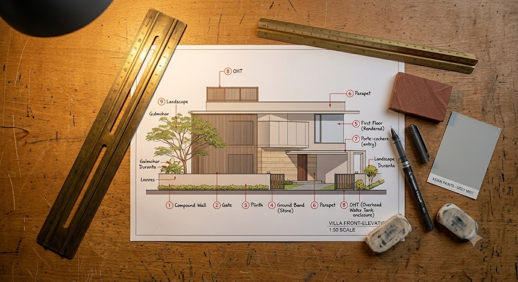 Architectural drafting board top-down view showing a printed villa elevation drawing at 1 to 50 scale with overlaid red pen annotations marking the nine canonical components, plus a brass scale rule a hard pencil a sandstone material sample tile and a soft-grey textured paint colour swatch arranged neatly alongside a soft architect's eraser and a brass parallel rule, lit by warm desk lamp light from upper left