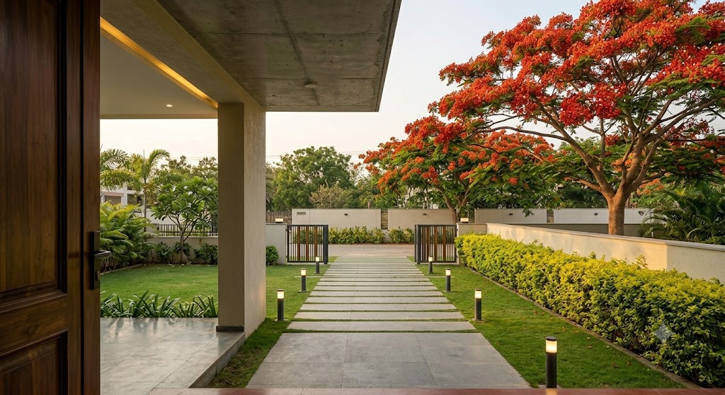 A wide-angle ground-level view from inside the villa compound looking out toward the road through the swing gate showing a thirty foot wide front forecourt with a mature gulmohar tree on the south-west corner of the lawn its red-orange canopy framing the villa entrance, a continuous duranta gold hedge along the compound wall on the right, paving slabs of grey kota stone leading from the gate to the recessed front door under the porte-cochere on the left, low-glow path lights at six foot spacing, and the villa elevation rising as a two-storey contemporary minimalist composition in cement-board cantilever over a dholpur sandstone ground band in soft late-afternoon golden-hour light
